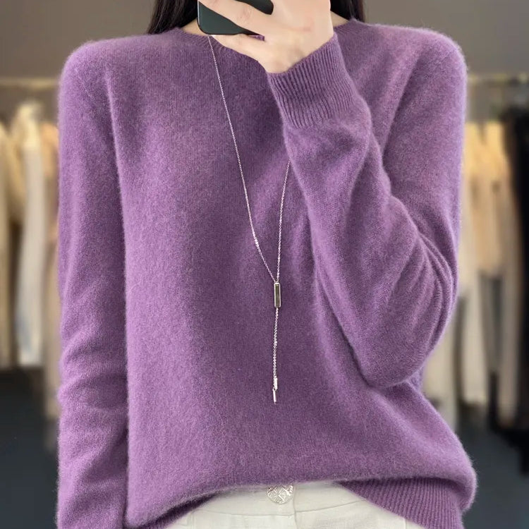 Women 100% Pure Merino Wool Knitted Sweater Autumn Winter Fashion O-Neck Top Cashmere Warm Pullover Seamless Jumper Clothes Violet