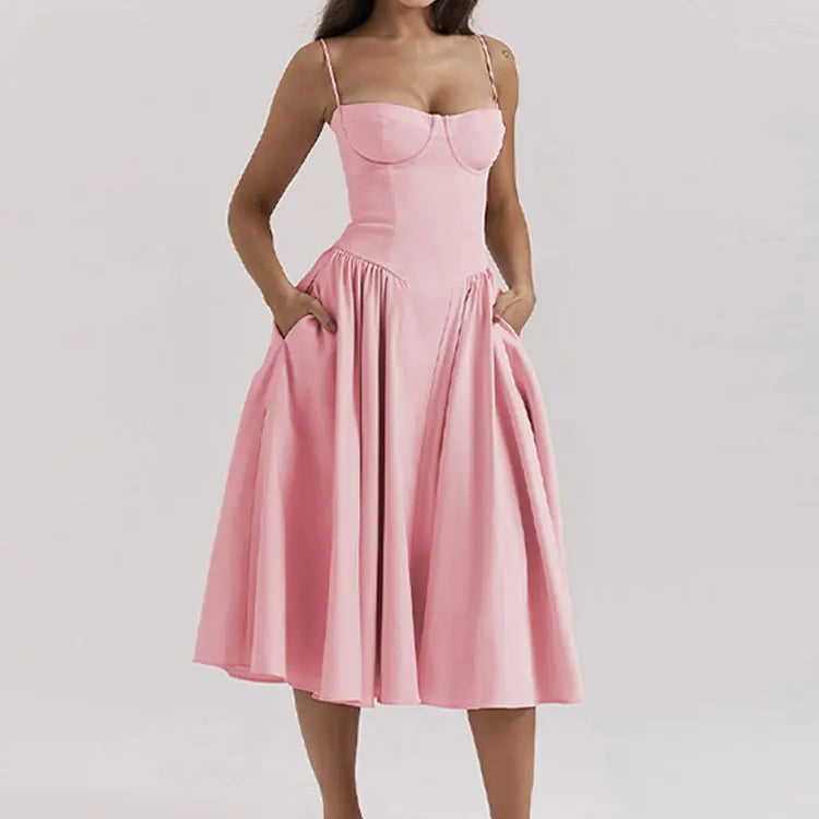 Women Sexy Solid Sling Midi Dress Fashion Sleeveless Backless Pleated Hem Dresses Summer Female Party Evening A-line Robes