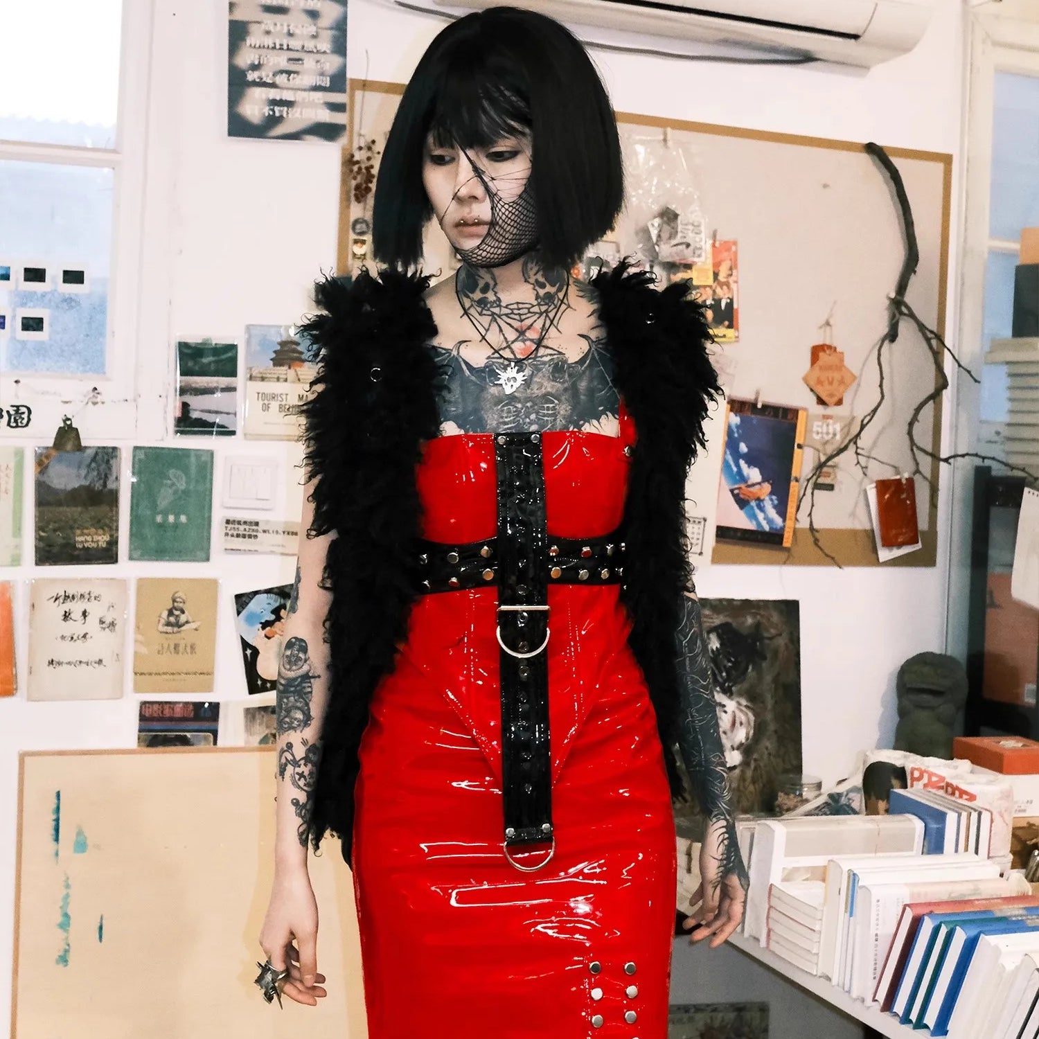 Lautaro Cool Red and Black Patchwork Patent Leather Y2K Tank Tops 2000s Women Luxury Designer Gothic Woman Clothing Streetwear