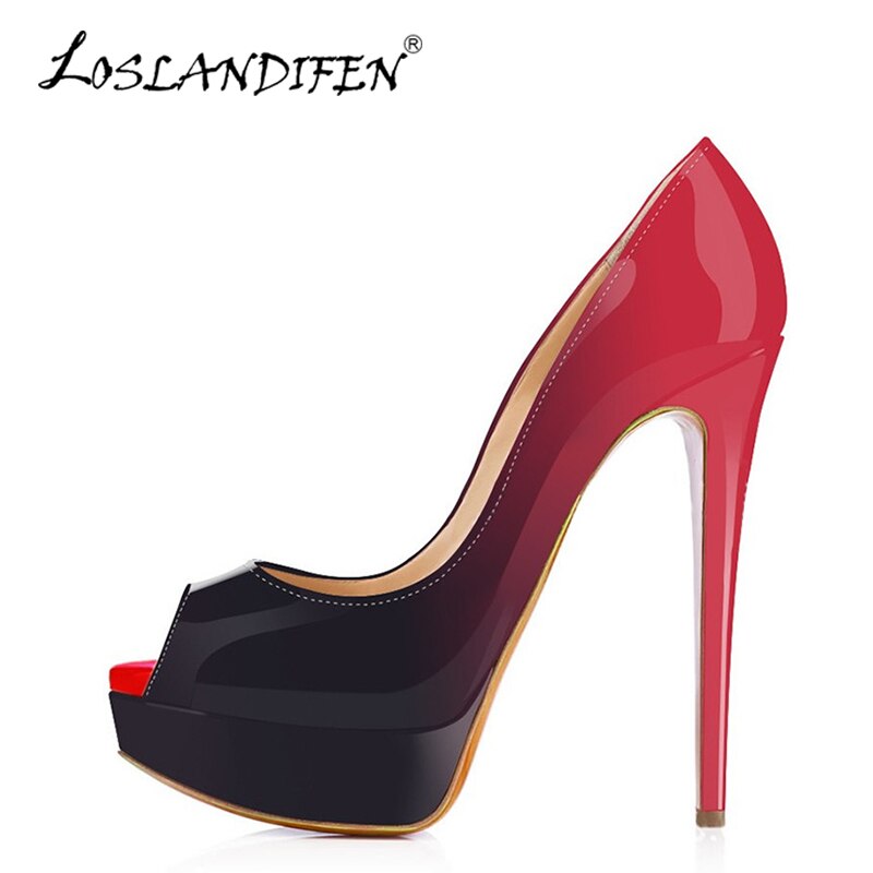 Women Pumps Sexy Platform Peep Toe 14cm Extremely High Heels Woman Patent Leather Nighclub Red Wedding Shoes Gradient Stiletto