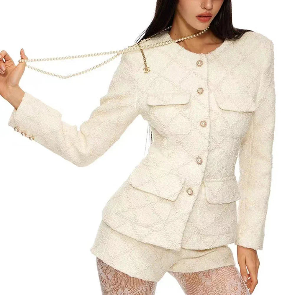 Solid Temperament Two Piece Sets For Women O Neck Long Sleeve Coat High Waist Shorts Elegant Set Female Fashion New