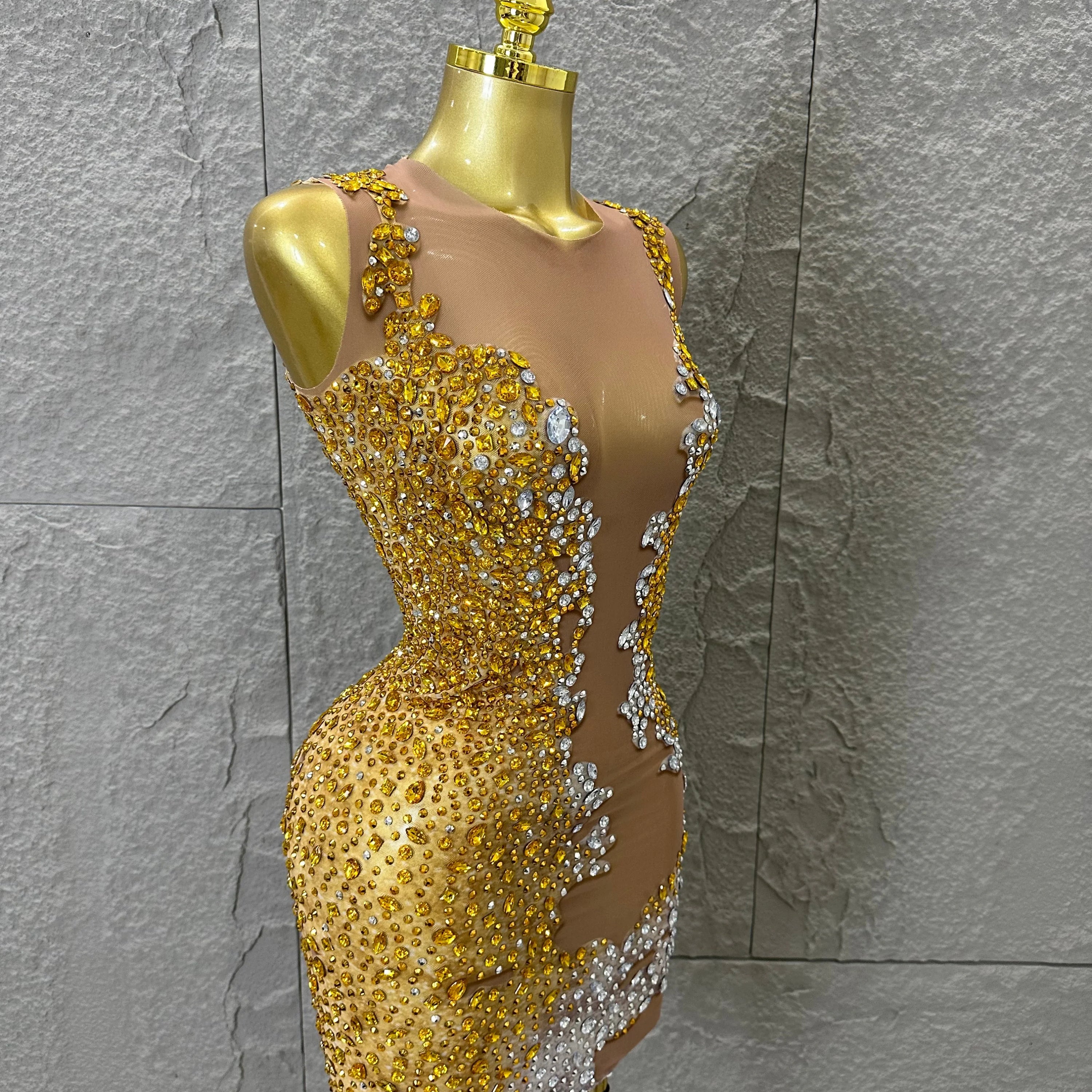 2026 New Sexy Fashion Gold Sparkly Dance Show Stage Costume Women Birthday Party Rhinestones Tassels Transparent Short Dress