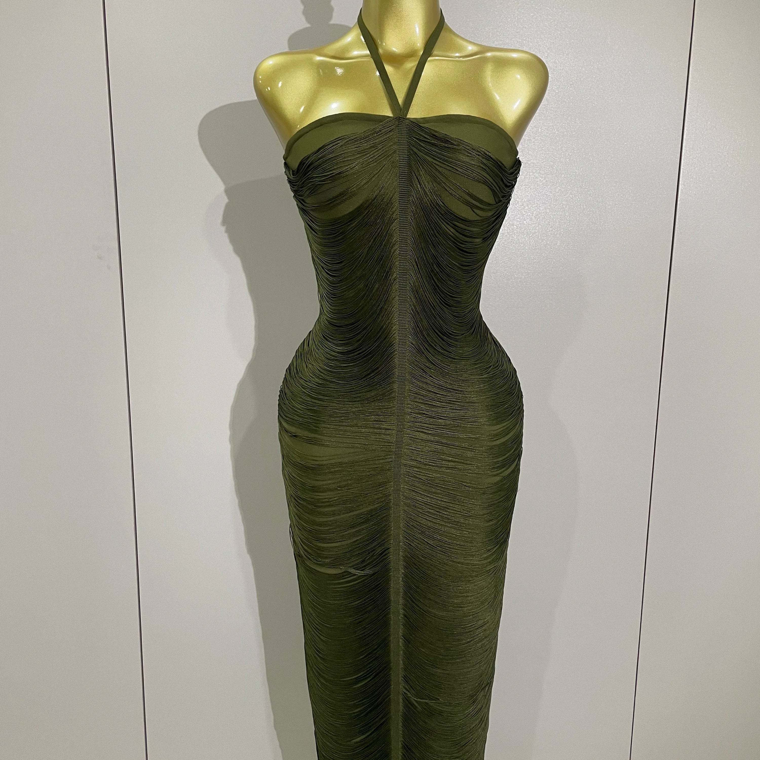 Sexy Backless Green Tassel Ankle Bodycon Bandage Dress 2025 Women Celebrity Elegant Evening Club Luxury Birthday Party Outfit army green