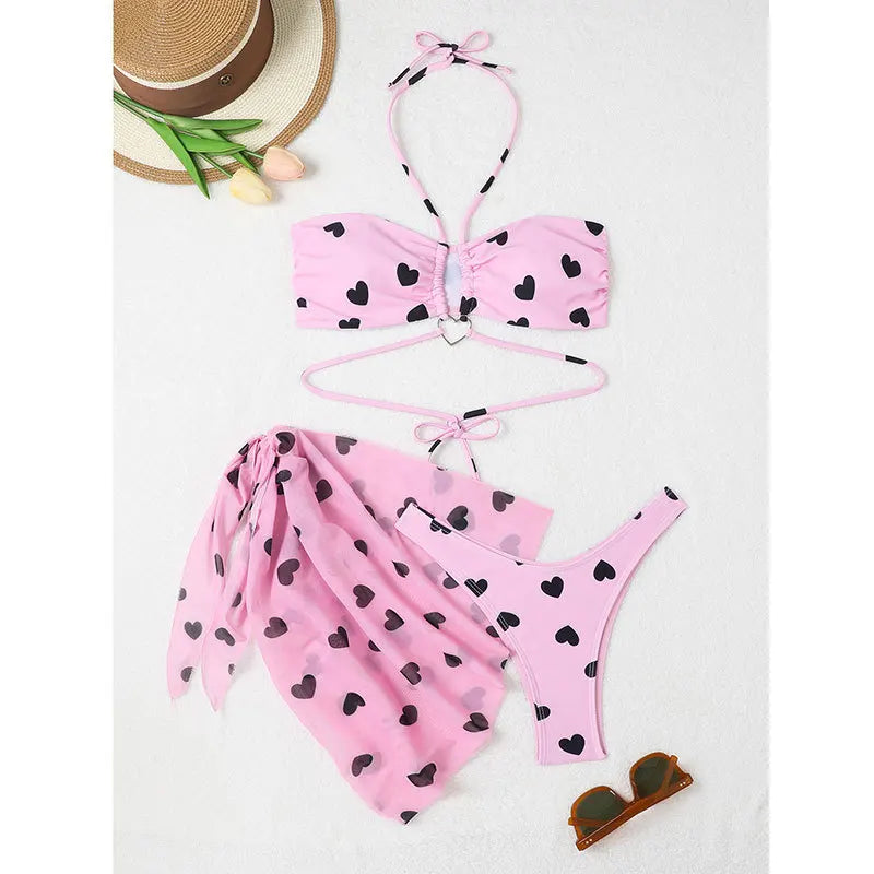 Women 3pack Heart Print Bikini Sets With Skirt Bandeau Swimsuit Thong Swimwear Beach Cover-Up Push Up Biquinis Bathing Suit