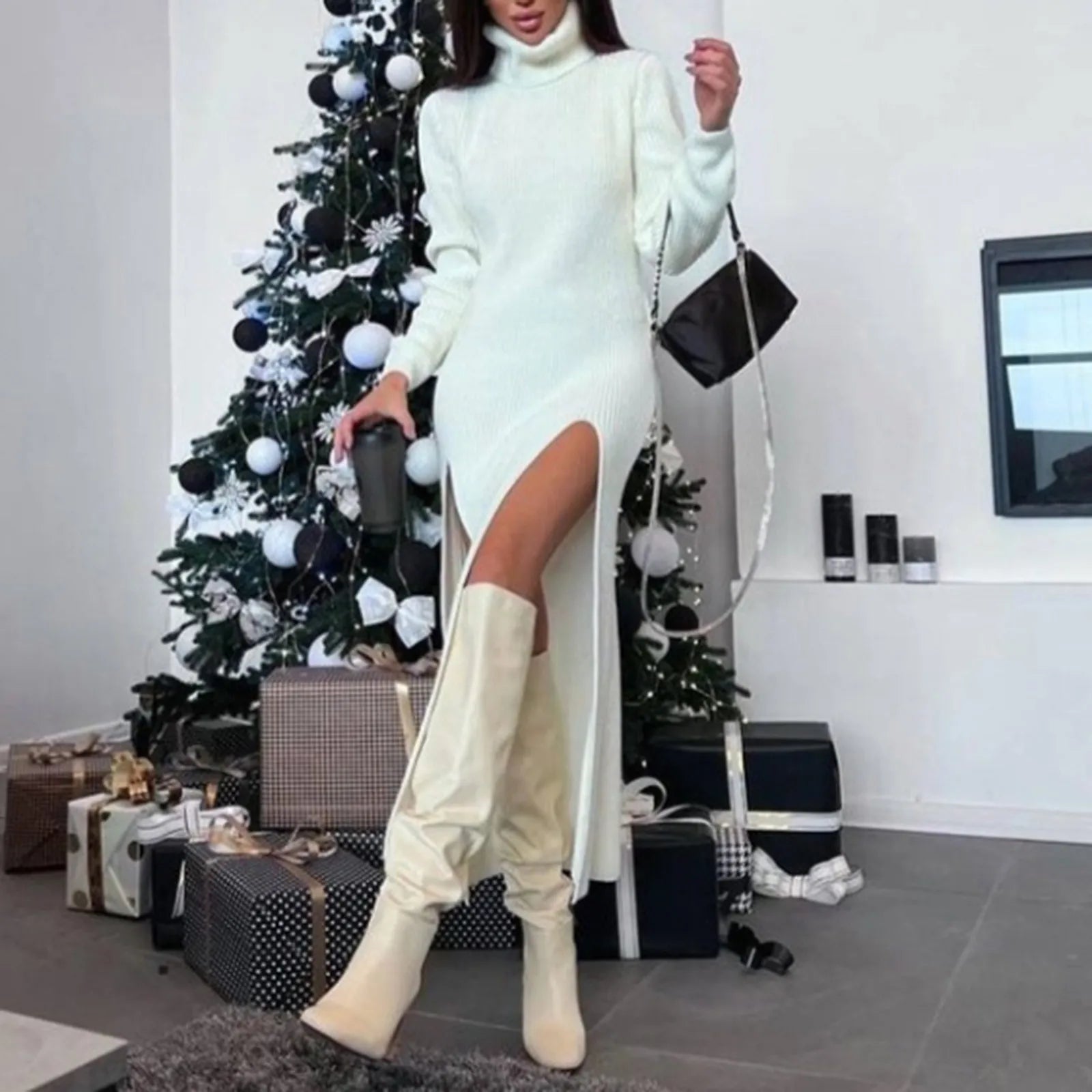 Sexy Bodycon Slit Knitted Sweater Dresses Long Sleeve Turtleneck Knitted High Split Thigh Woolen Sweater Dress Elegant Dresses White