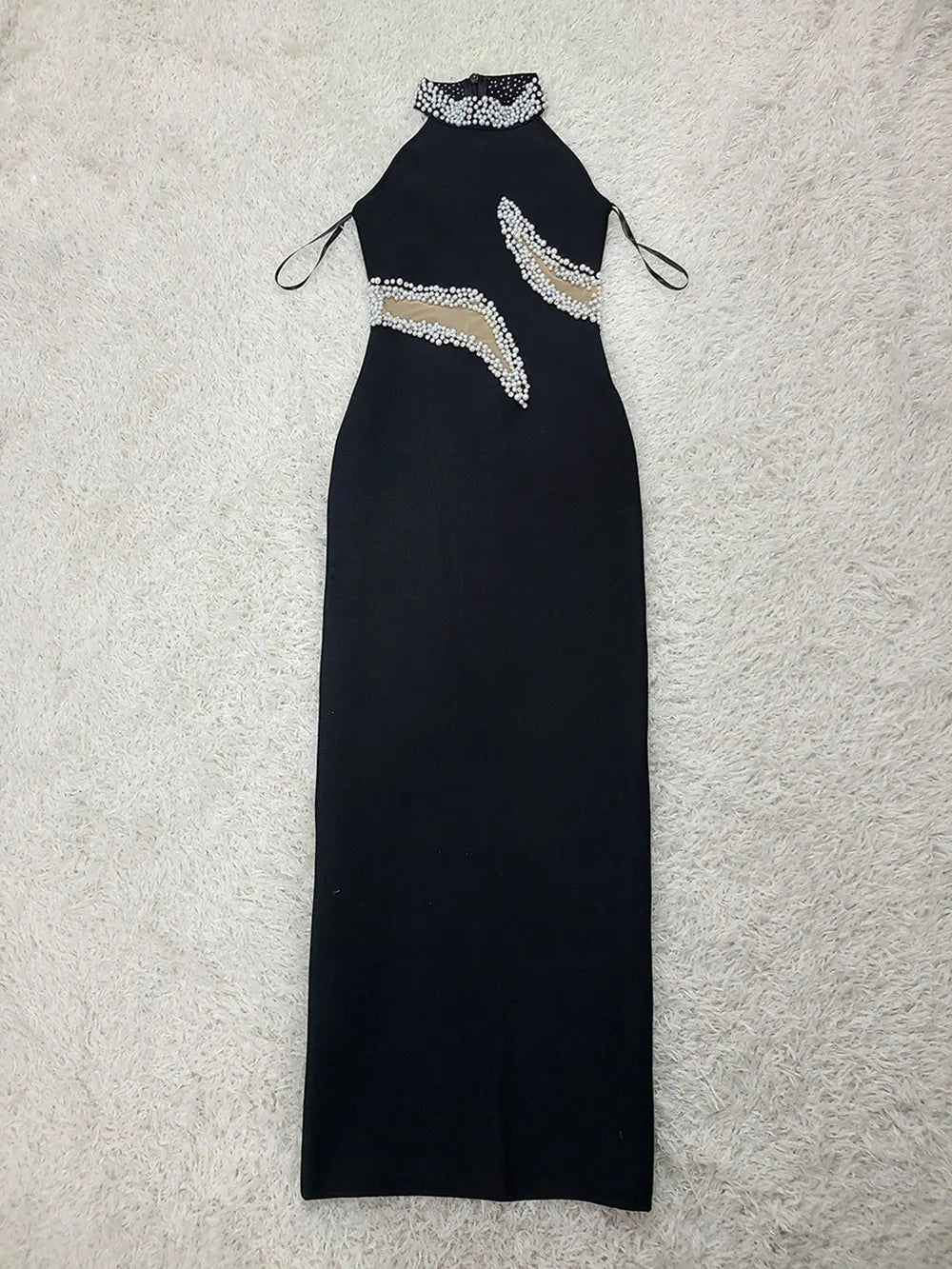 2025 Elegant Women's Light Luxury Nail Bead Patchwork Design Bandage Dress O-Neck Sleeveless Bodycon Long Dresses Party Vestidos black