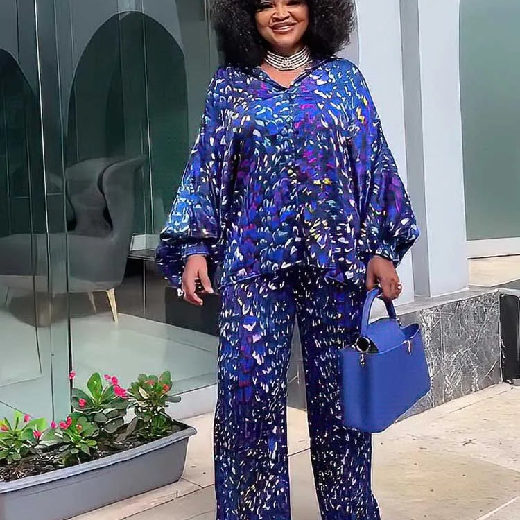 African 2 Piece Sets Women Outfit Loose Casual Long Top Shirt and Pant Set Autumn Plus Size Matching Sets Pleated Trouser Suit Blue One Size