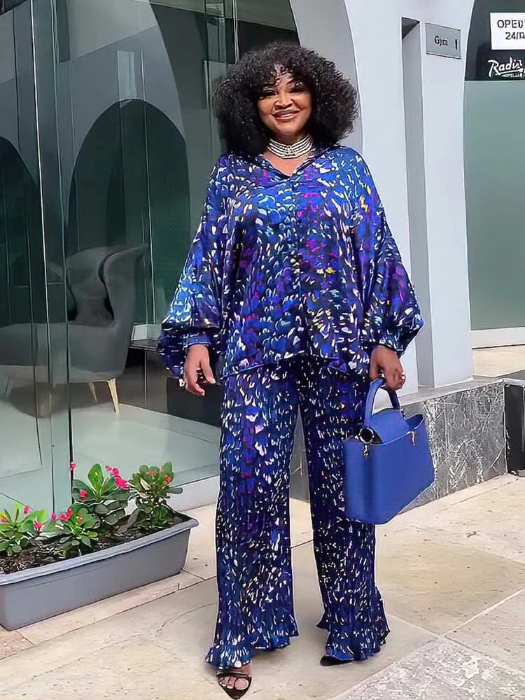 African 2 Piece Sets Women Outfit Loose Casual Long Top Shirt and Pant Set Autumn Plus Size Matching Sets Pleated Trouser Suit Blue One Size