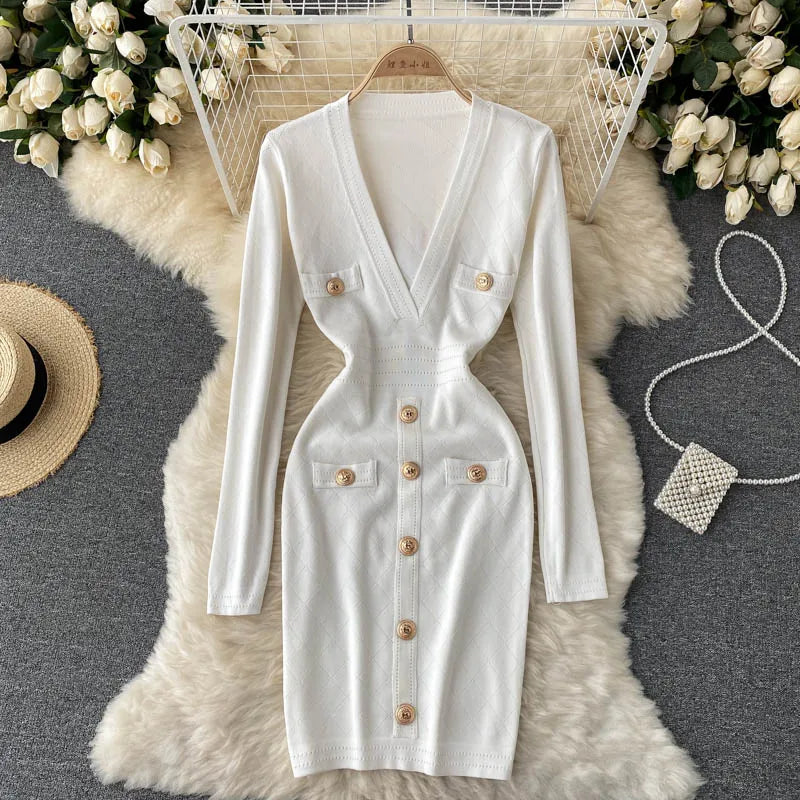 Women Knitted Pencil Dress Korean Long Sleeve V Neck Elastic Slim Dress Autumn Winter Sexy Bodycon Warm Sweater Dress WHITE One Size