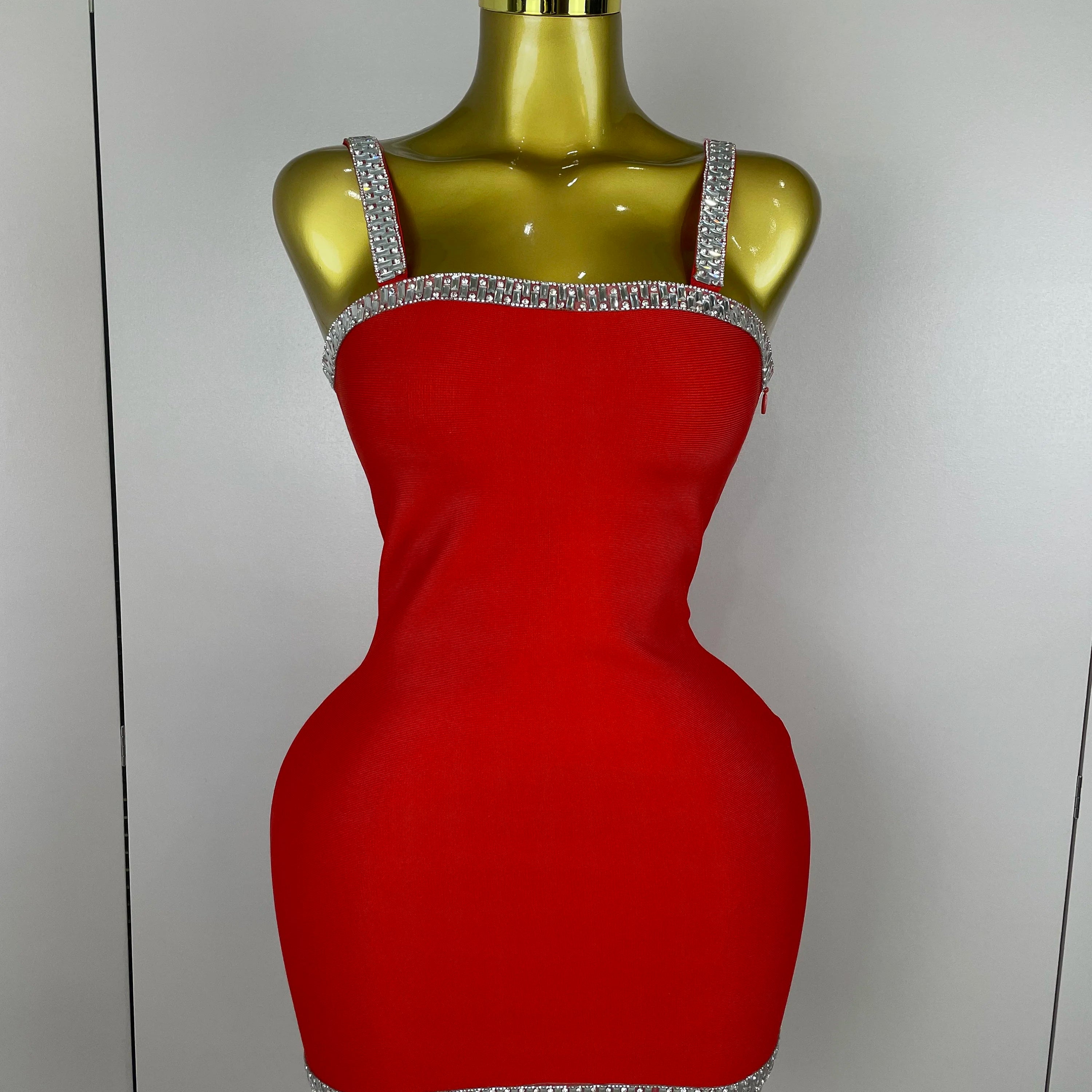 2025 Women Celebrity Luxury Sexy Summer Square Collar Red Crystal Mini Bandage Dress Knitted Elegant Evening Club Party Outfit Red