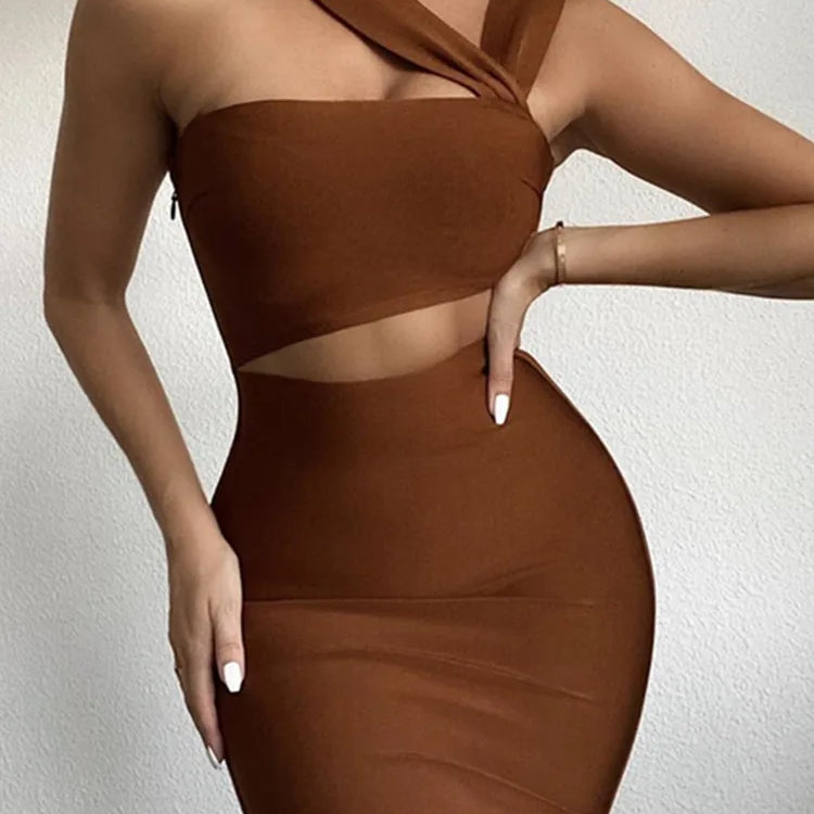 Women Summer Sexy Hollow Out Brown Midi Knee Length Bodycon Bandage Dress 2023 Designer Elegant Evening Party Dress Vestido