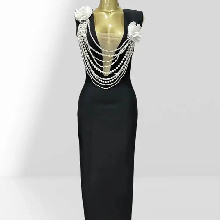 New Summer Sexy V-Neck Sleeveless Package Hips Ankle Lenght Bandage Dress Graceful Woman Party Dress Cocktail Party Vestido black