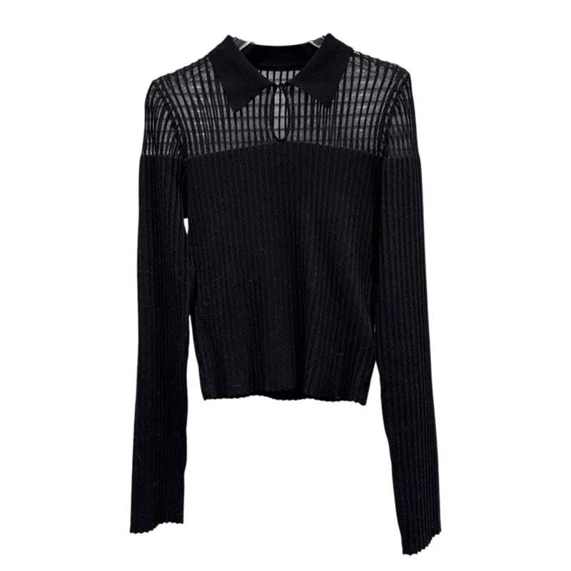 Winter New Fashion Lapel Slightly Transparent Patchwork Design Knitted Tops For Women Slim Fit Shirts Female 11A07661