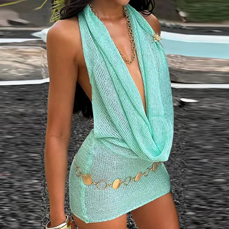 Glitter Halter Mini Dress Women Knit Backless Sleeveless Bodycon Party Club Dresses Female 2025 Summer Lady Fashion Y2K Robes light green