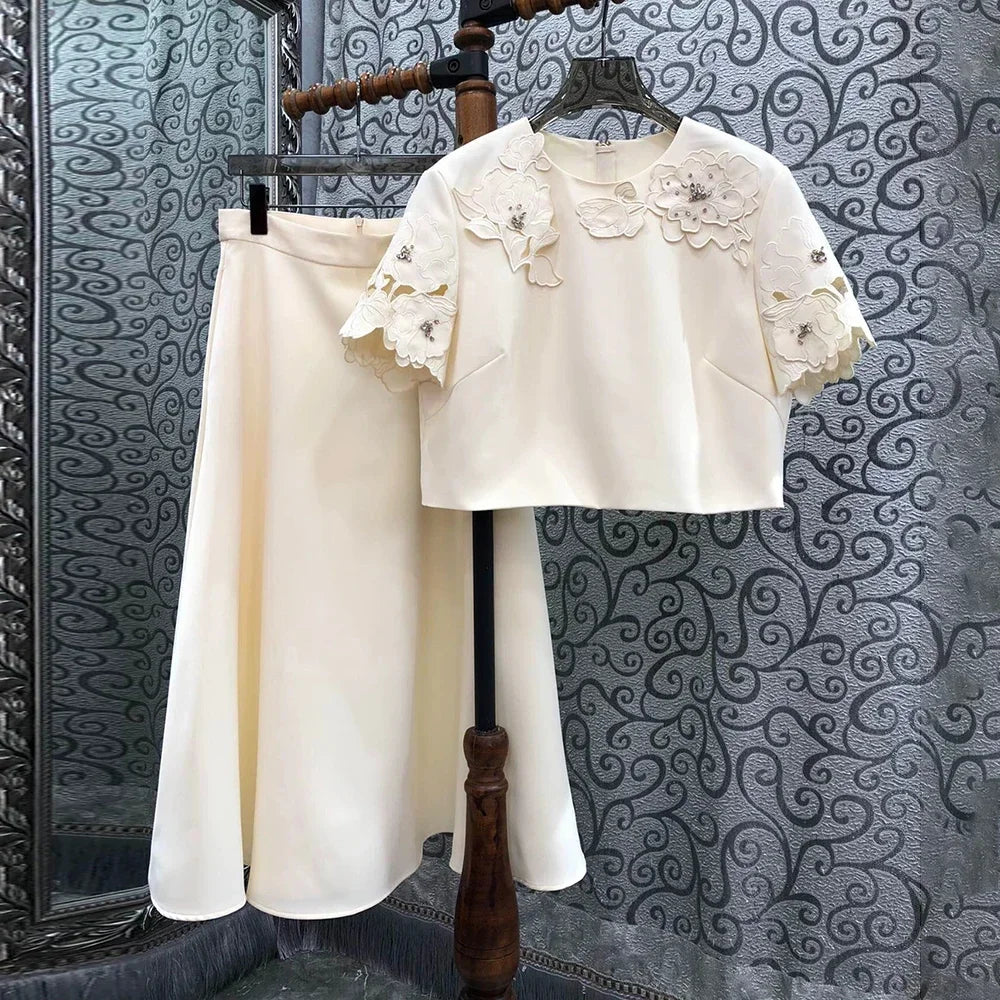 Solid Fashion Two Piece Sets for Women Round Neck Short Sleeves Patcwork Applique Top High Waist Skirt Set Female APRICOT