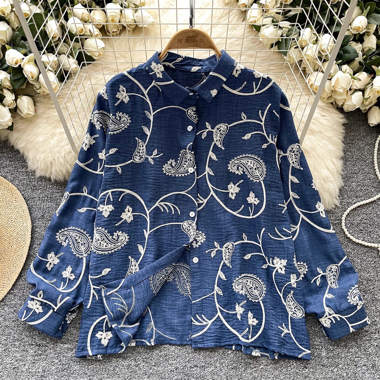 Vintage Elegant Embroidery print turn-down collar Blouse Fashion Single Breasted sweet Shirt Casual Chic Top Fairy Summer Women Blue One Size