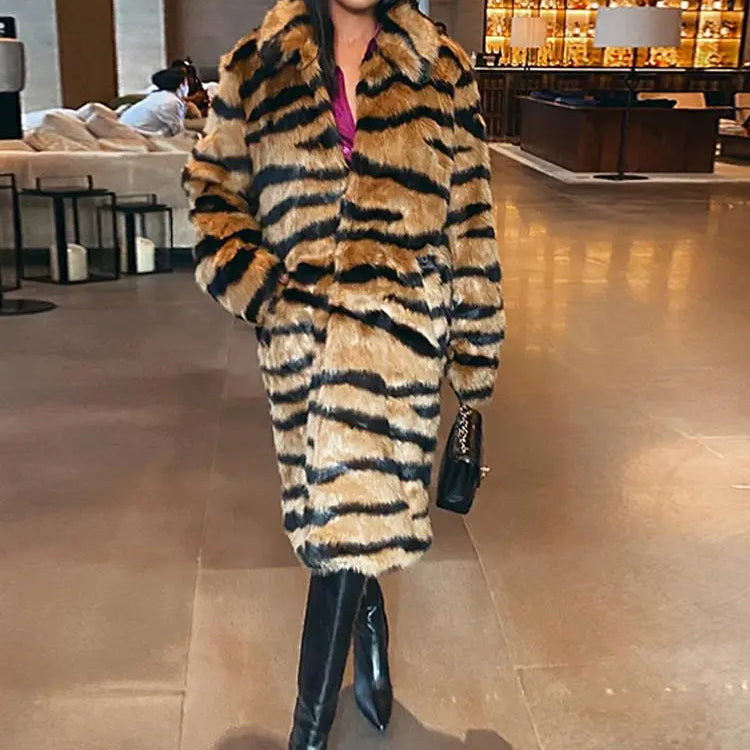 Winter Long Warm Thick Leopard Faux Fur Coat Women Tiger Print Loose Luxury Fluffy Clothing Female Thicken Plush Overcoat