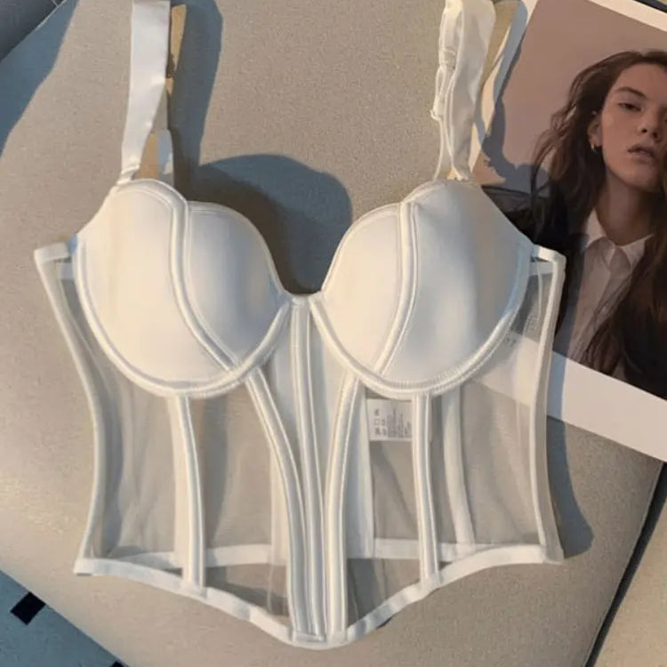 Women's Chic Mesh Fishbone Camisole Inner Wear Outer Wear Corset Crop Top Waist-Tight Sexy Bra White Black 2023