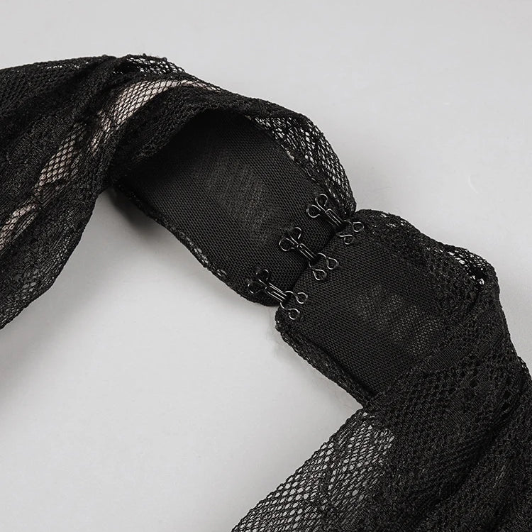 Black Mesh Patchwork Halter Long Dress For Women Long Sleeves Lace Embroidery Mermaid Bodycon Party Evening Gown