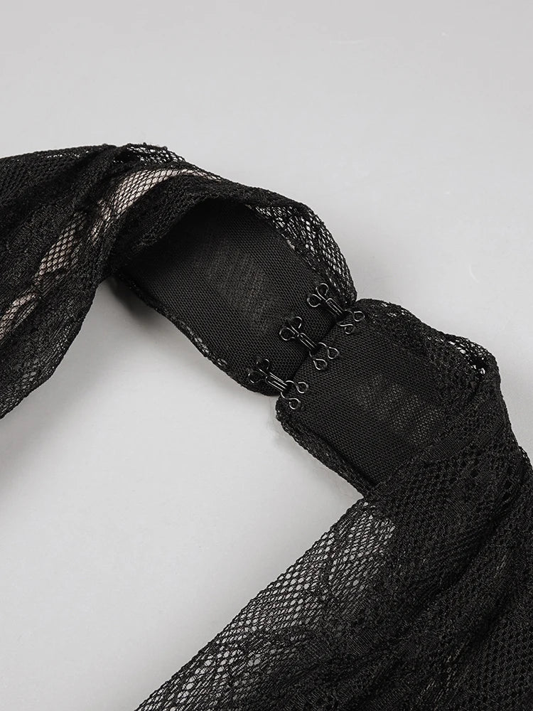 Black Mesh Patchwork Halter Long Dress For Women Long Sleeves Lace Embroidery Mermaid Bodycon Party Evening Gown