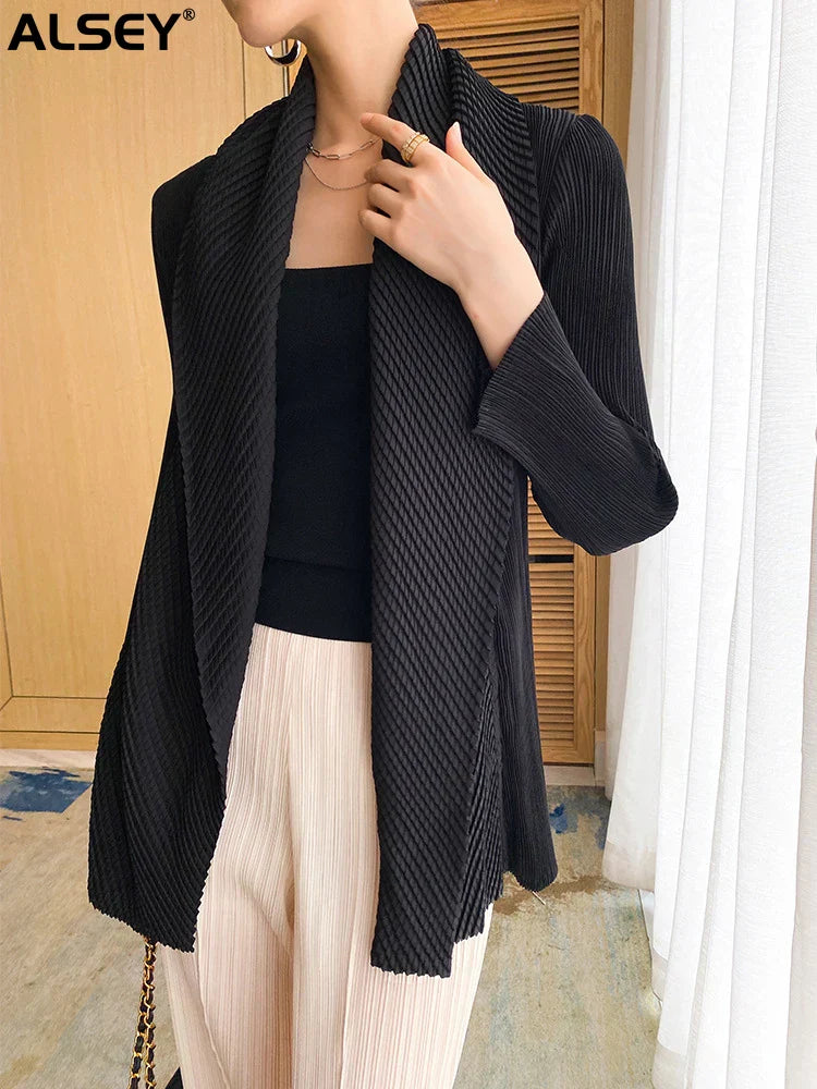 ALSEY Miyake Pleated Fashion Short Coats Women's Fall Winter New Black Loose Open Stitch Turn-down Collar Korean Jackets