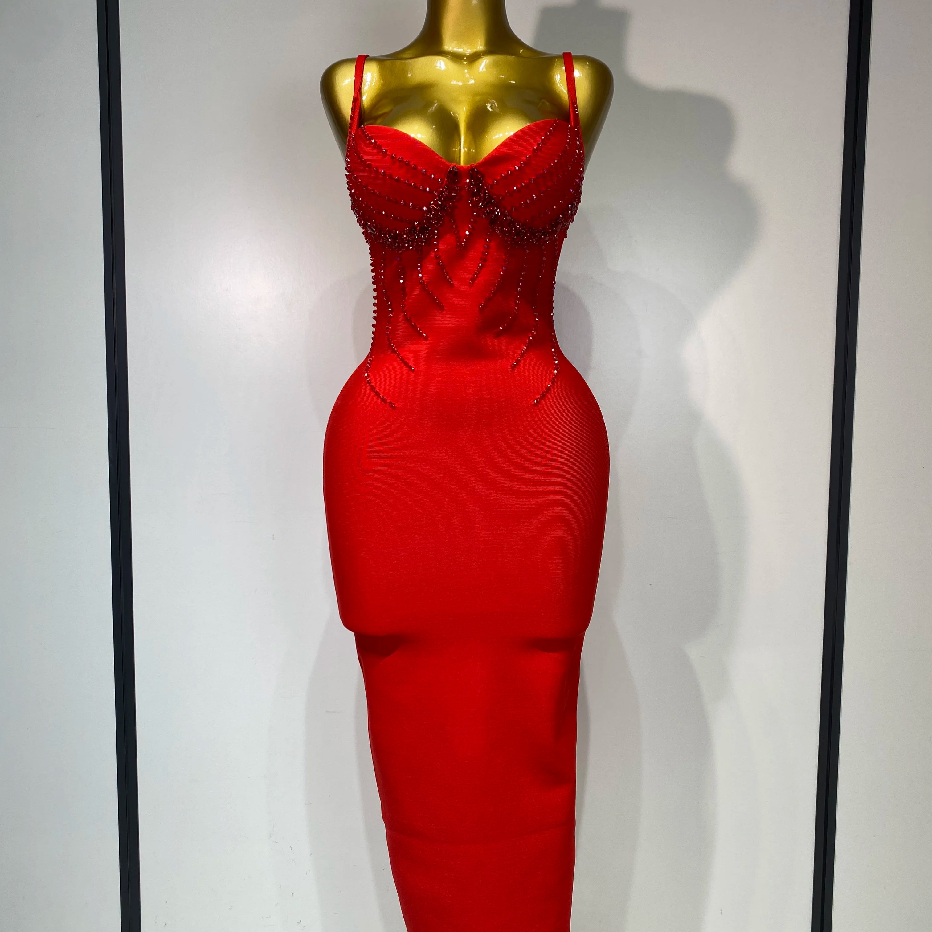 Women Sexy Beading Spaghetti Strap Bodycon Bandage Dress Club Party Luxury Birthday Celebrity Elegant Dresses Wedding Guest Gown Red