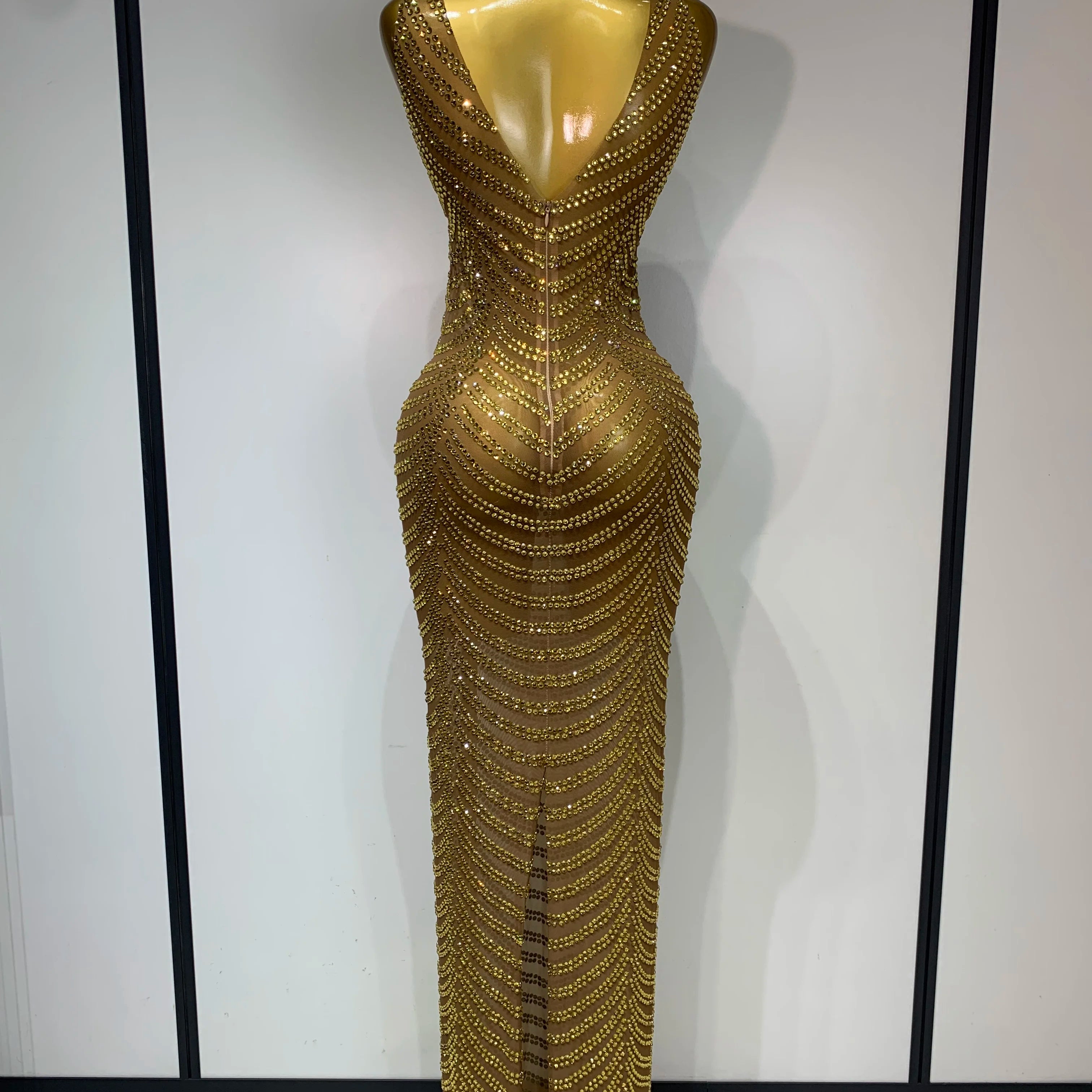 Women Sexy Sparkly Rhinestone Gold Maxi Dress Mesh See Through Evening Party Singer Stage Perform Costume Luxury Birthday Gown