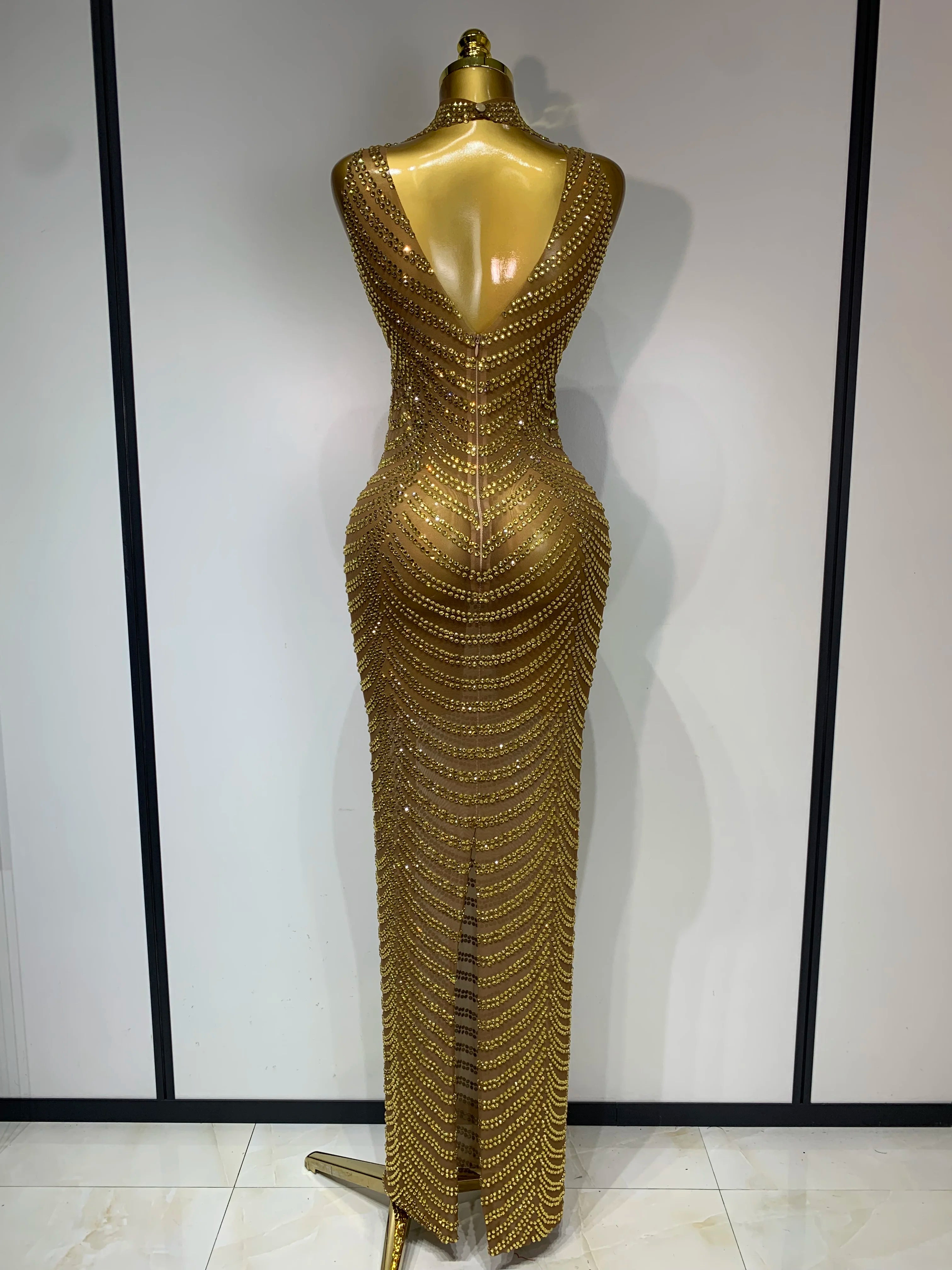 Women Sexy Sparkly Rhinestone Gold Maxi Dress Mesh See Through Evening Party Singer Stage Perform Costume Luxury Birthday Gown