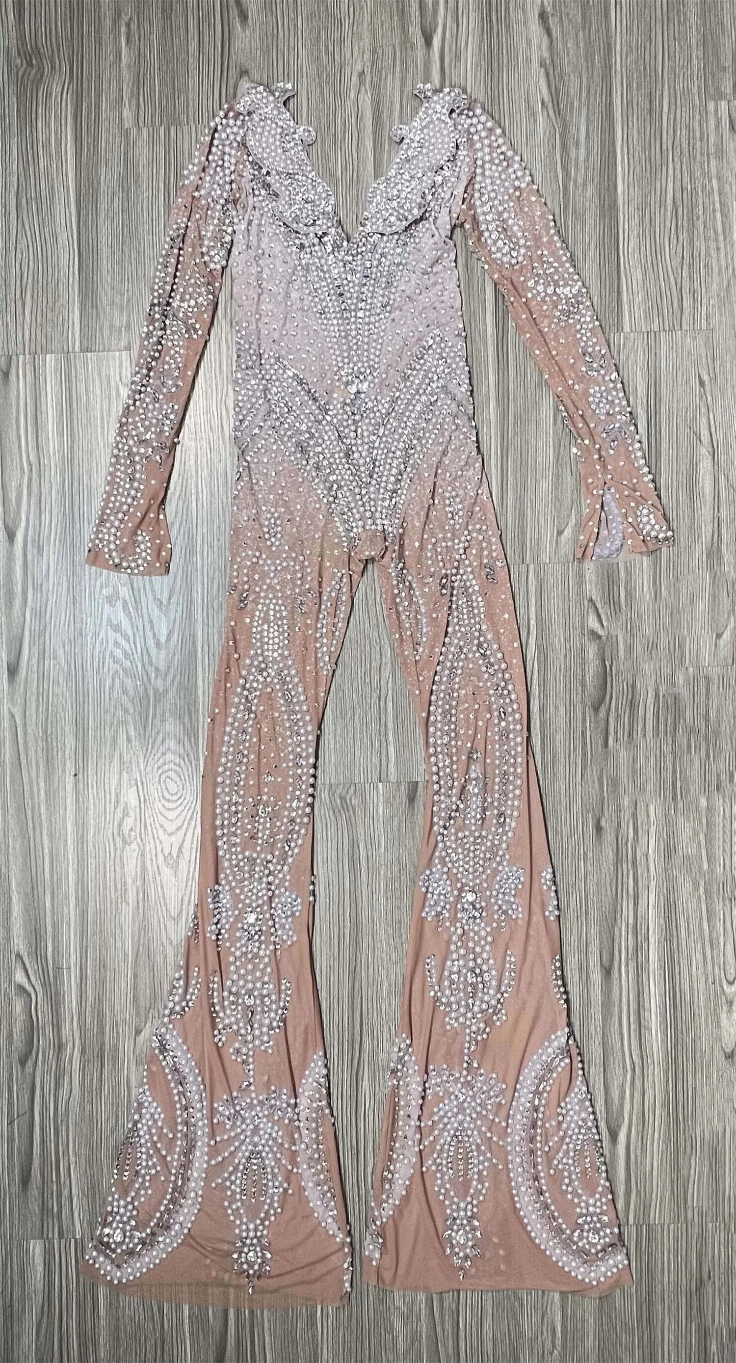 High-quality Pearls Rhinestones Mesh Bell-bottoms Lady Party Celebrate Birthday Stage Wear Luxurious Sexy Jumpsuit Shuangjiang