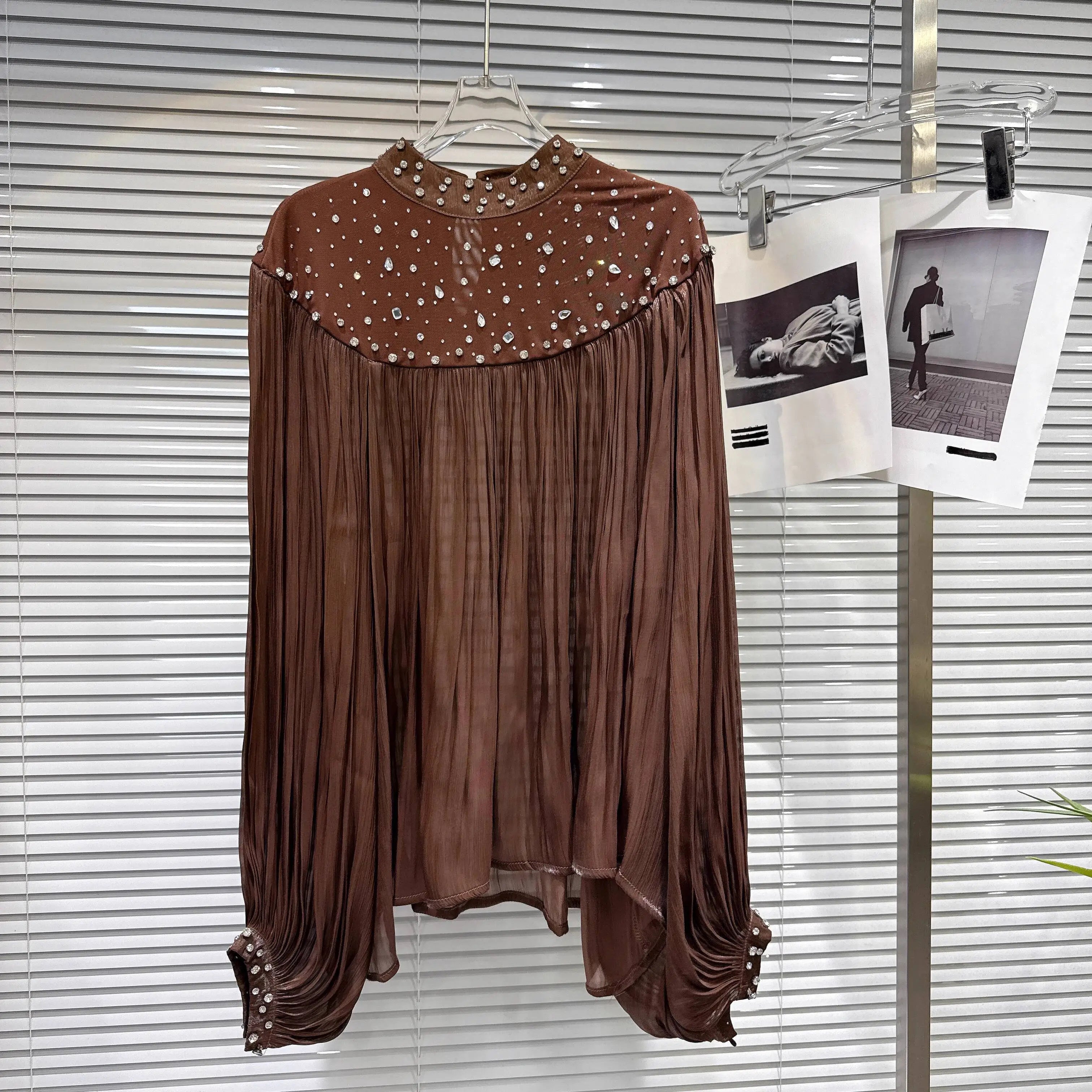 Winter New Fashion Diamond Design Loose Heavy Chiffon Blouse For Women Casual Versatile Shirts Female Trend 11A07689 Brown One Size