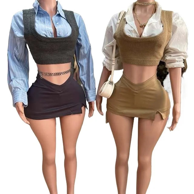 Women Mini Skirts Set +Full Sleeve Knit Vest Shirts 2025 Spring Two 2 Piece Set Outfits Casual Street Night Club Outfits