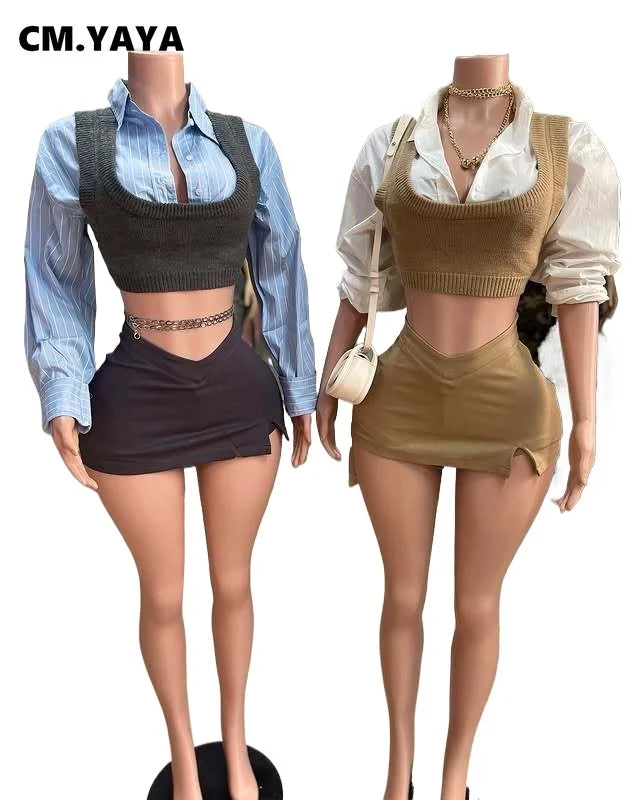 Women Mini Skirts Set +Full Sleeve Knit Vest Shirts 2025 Spring Two 2 Piece Set Outfits Casual Street Night Club Outfits