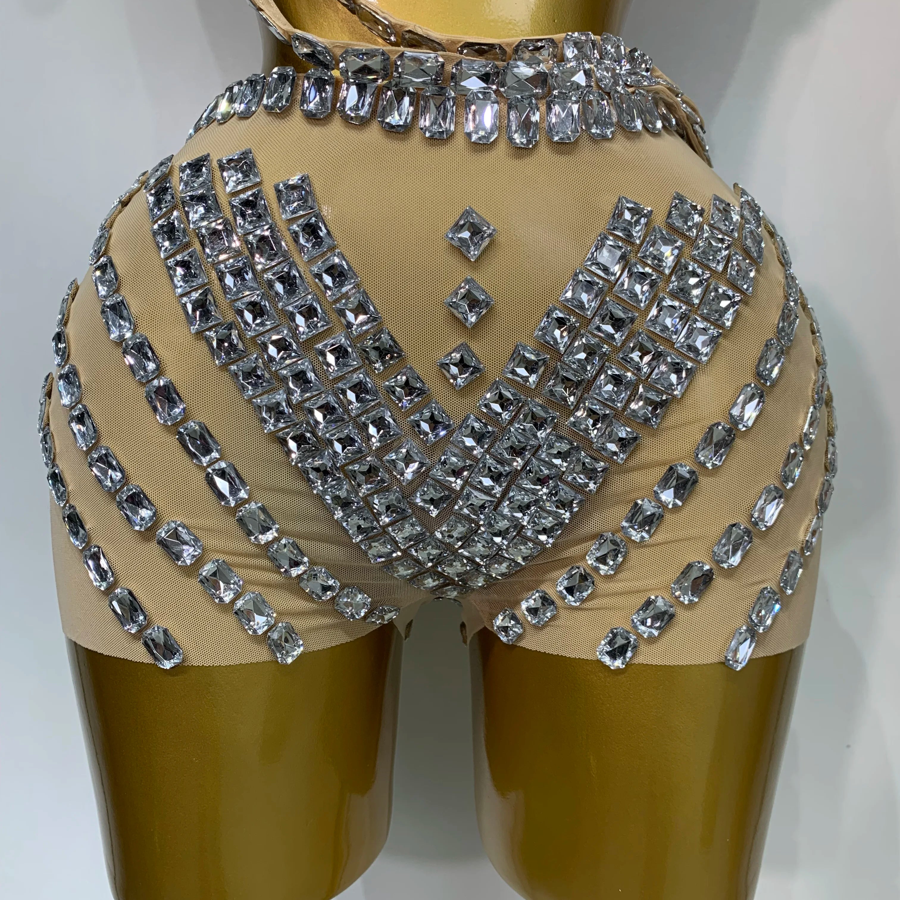 Luxury Diamonds Sexy Mesh Perspective Two Pieces Outfit Performance Dancer Singer Costume Nightclub Women's Set Birthday Wear