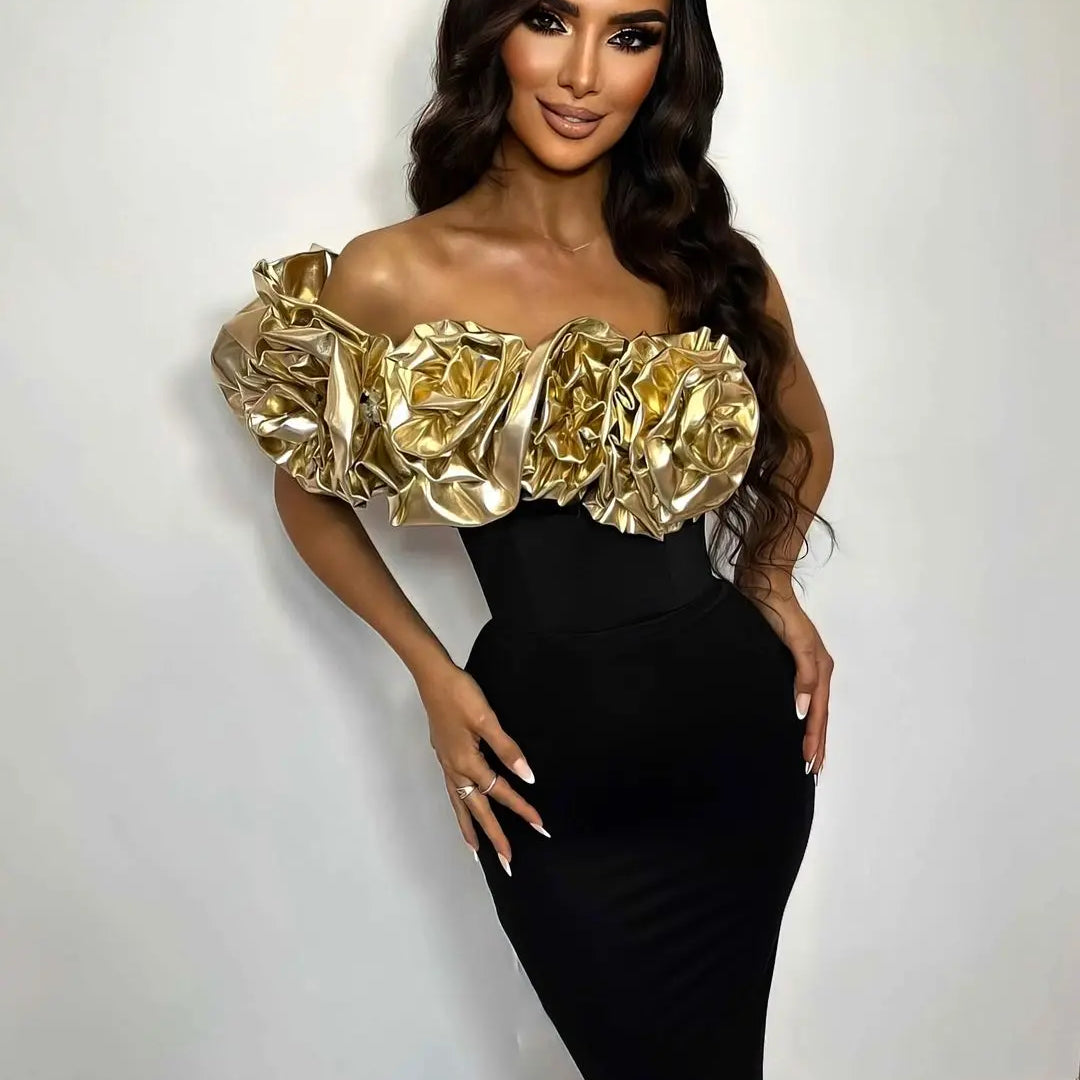 Celebrity Red Carpet Dress Gold Florals Women Sexy Strapless Off the Shoulder Bodycon Bandage Long Dress Nightclub Party Vestido