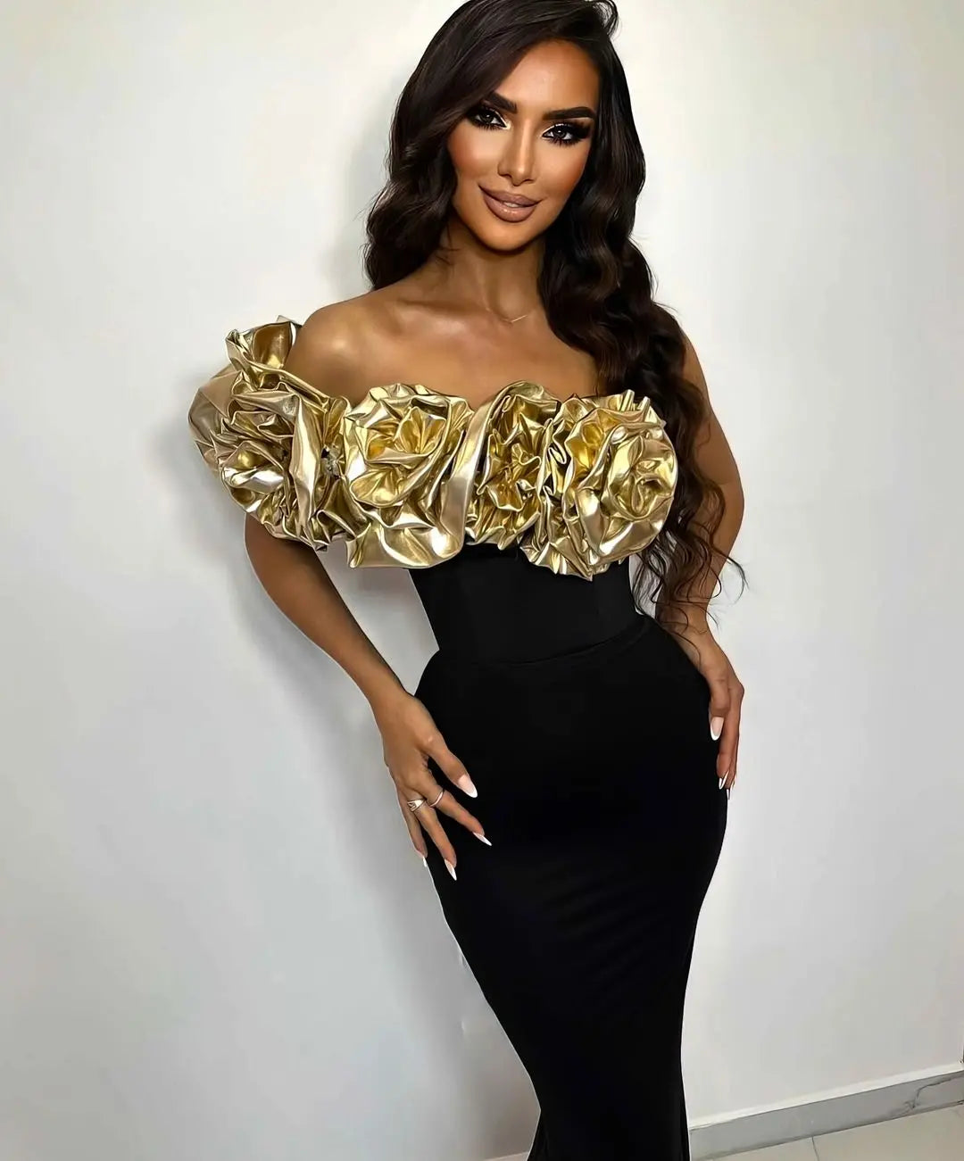 Celebrity Red Carpet Dress Gold Florals Women Sexy Strapless Off the Shoulder Bodycon Bandage Long Dress Nightclub Party Vestido