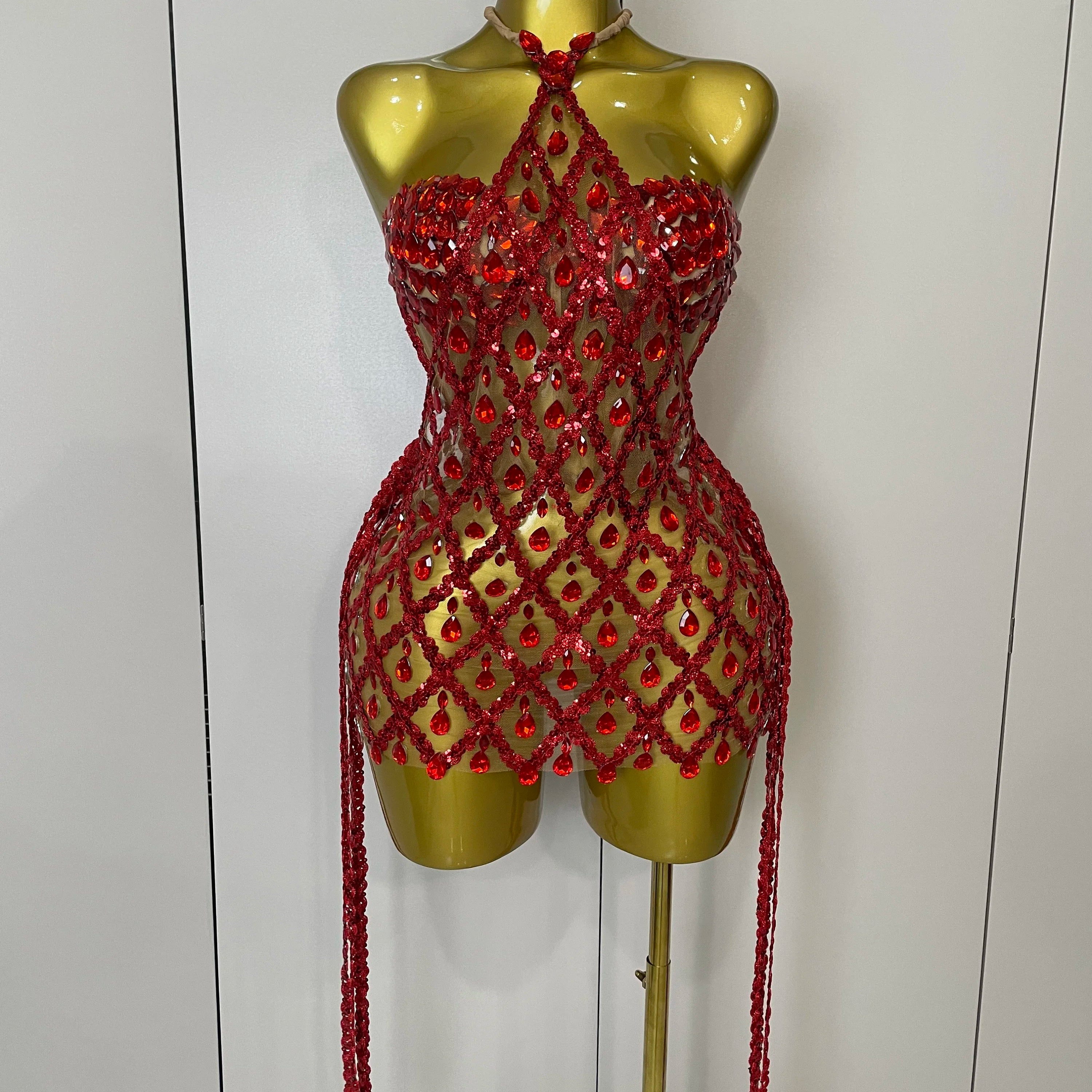 Sparkly Sequin Diamond MeshTransparent Top Dress Two Piece Set Women 2025 Sexy Evening Party Celebrate Birthday Photo Shoot Wear Red