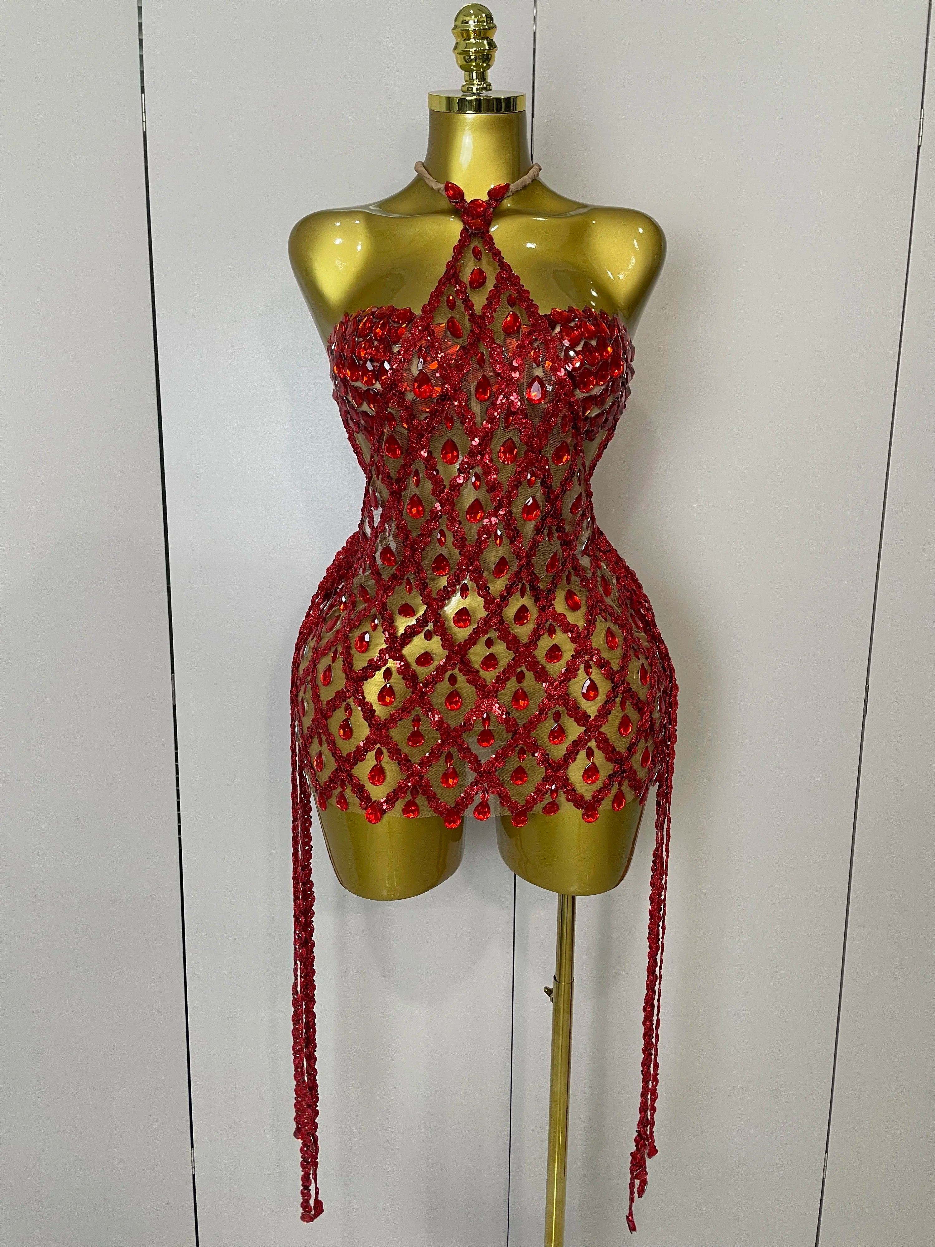 Sparkly Sequin Diamond MeshTransparent Top Dress Two Piece Set Women 2025 Sexy Evening Party Celebrate Birthday Photo Shoot Wear Red