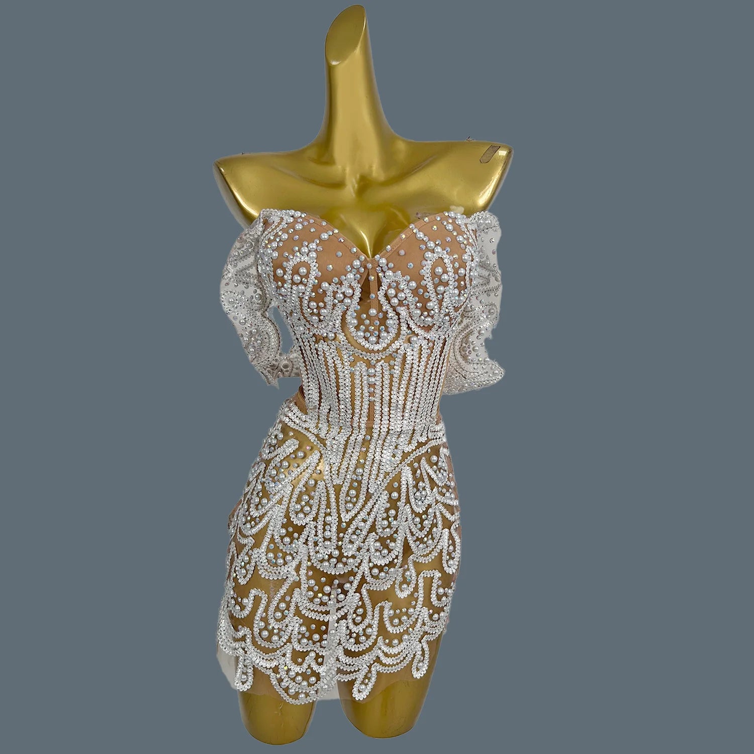 Sparkly Sequins White Pearl Strapless Top Skirt Two Pieces Set Hot Girls Birthday Party Dress Up Nightclub Dance Outfits Lurong WHITE One Size