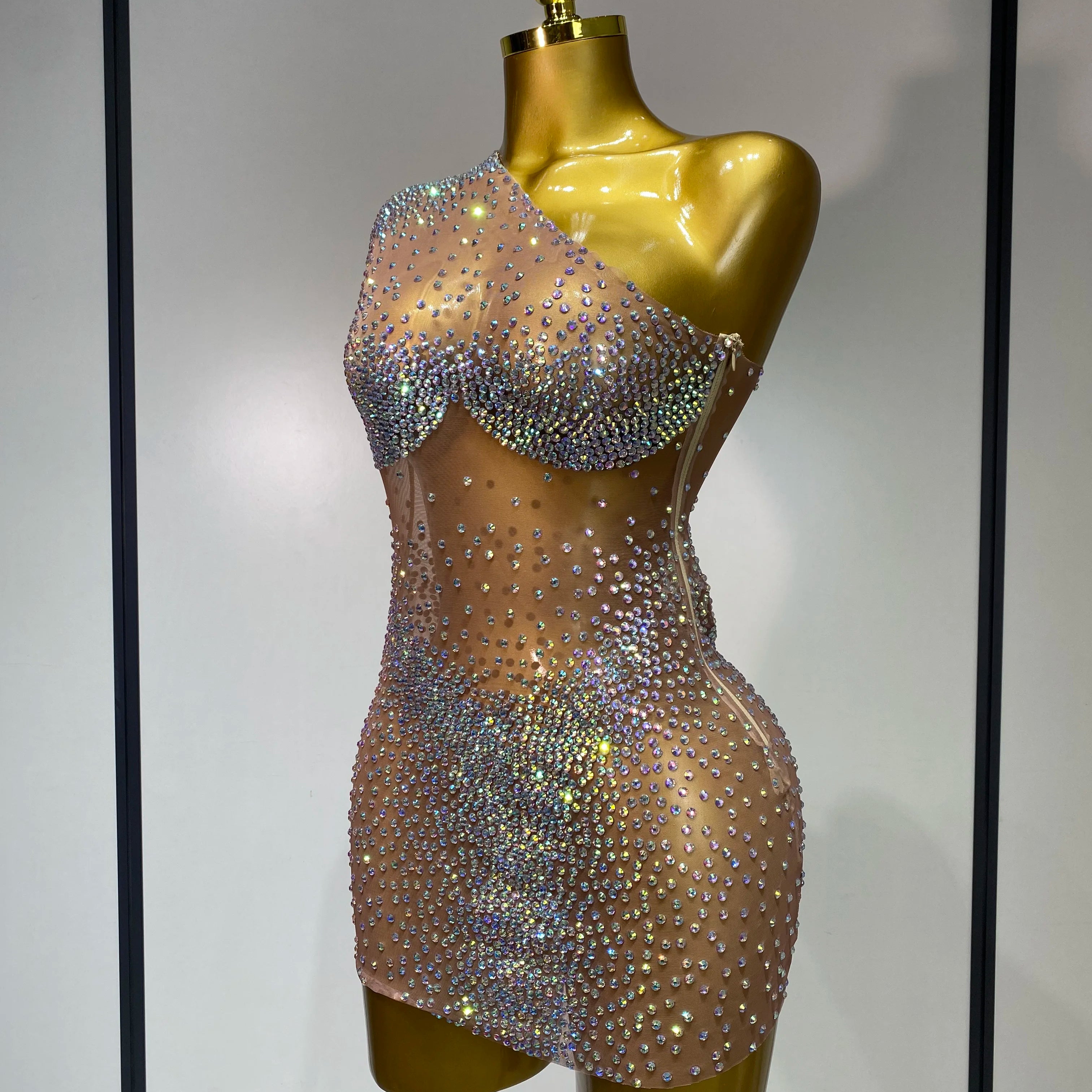 Sparkly Rhinestones Women Sexy One Shoulder Bodycon Mini Dress Mesh See Through Celebrate Nightclub Party Birthday Stage Outfit