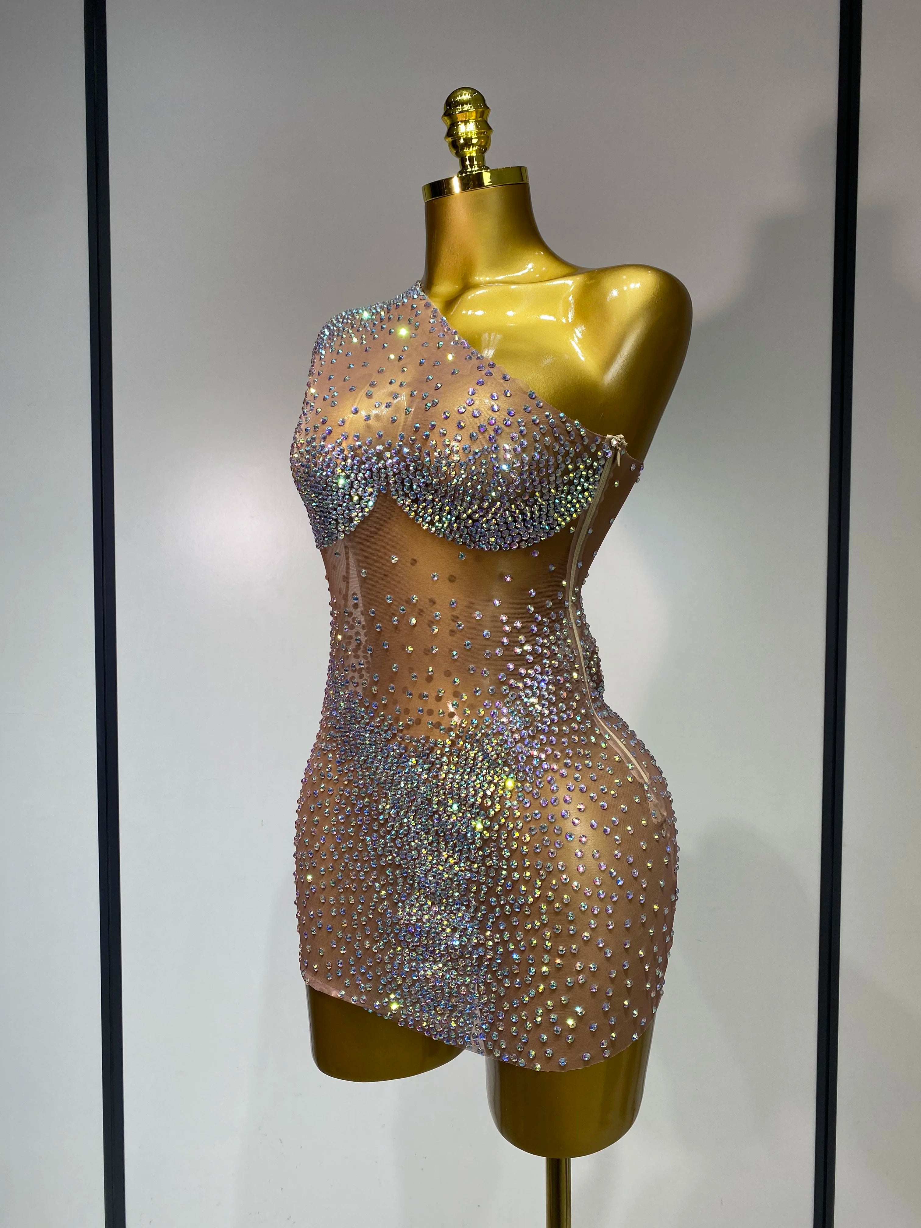 Sparkly Rhinestones Women Sexy One Shoulder Bodycon Mini Dress Mesh See Through Celebrate Nightclub Party Birthday Stage Outfit