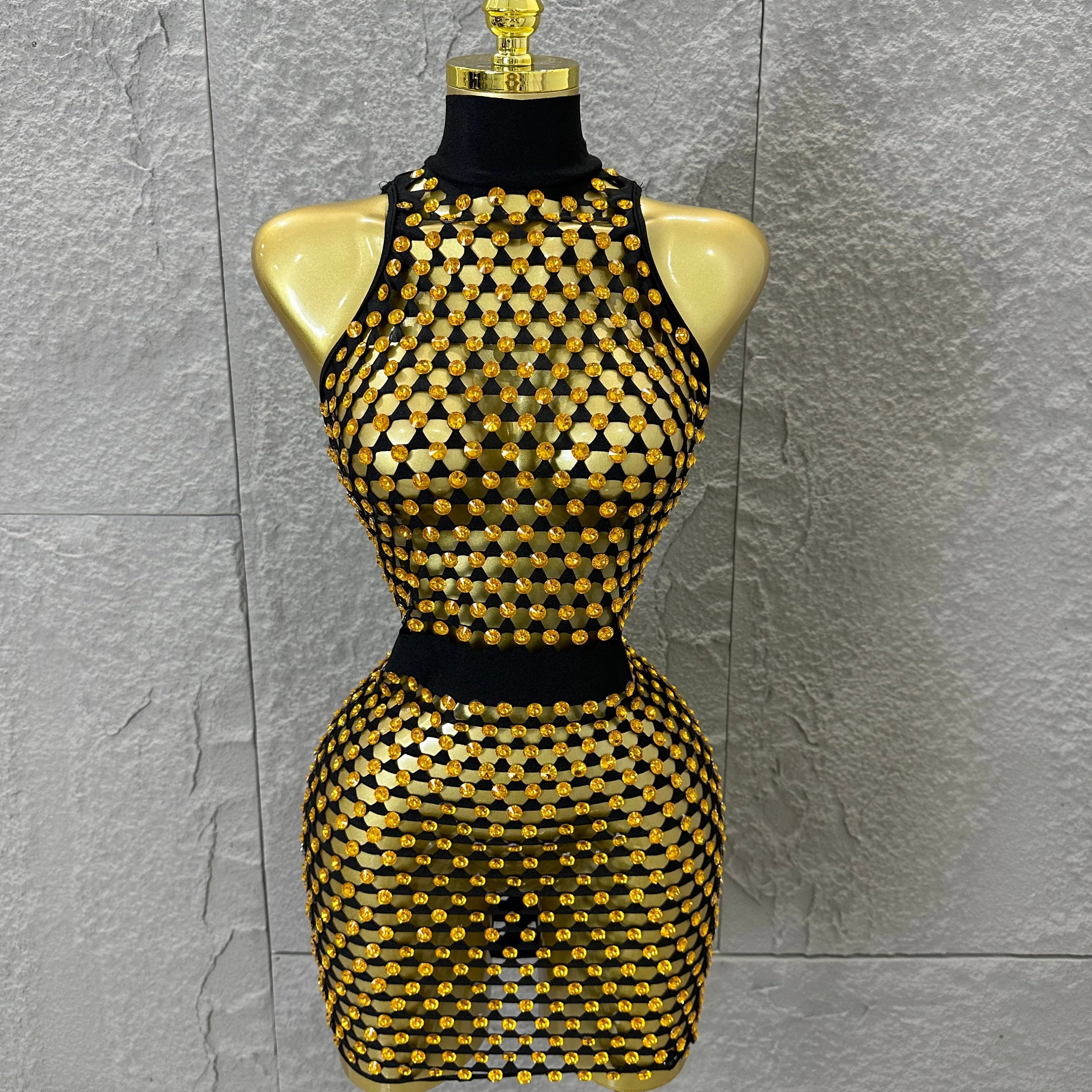 Luxury 2026 Glamorous Black Mesh Halter Mini Dress Sparkle Rhinestone Gold Silver Bead Bodycon Bar Stage Performance Costume