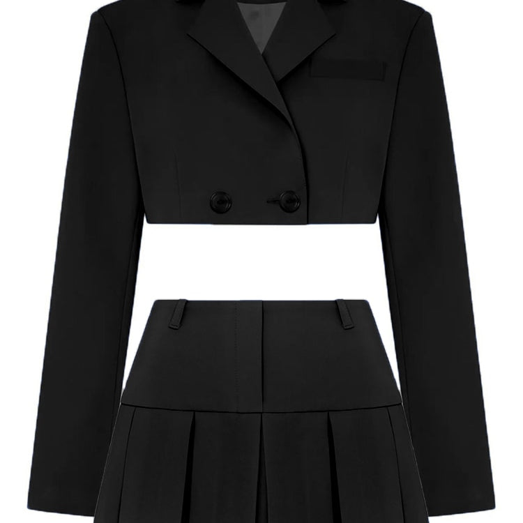 Taruxy Casual Two Piece Sets Women's Fall Outfits 2022 New Black Matching Sets With Skirt And Blazer Cropped Top Suit For Women Black Suit