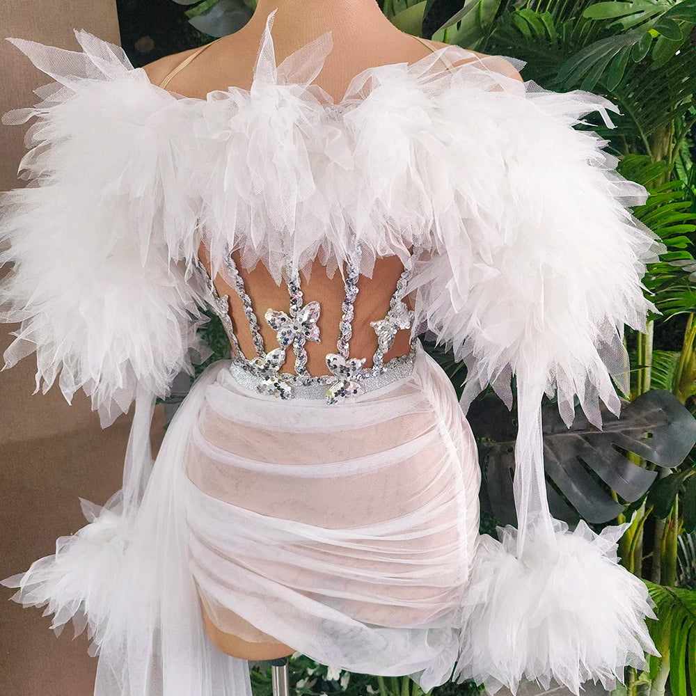 White Purple Women Sexy Strapless Mesh Ruffles 2 Pieces Bodycon Mini Dress See Through Celebrate Nightclub Party Birthday Wear