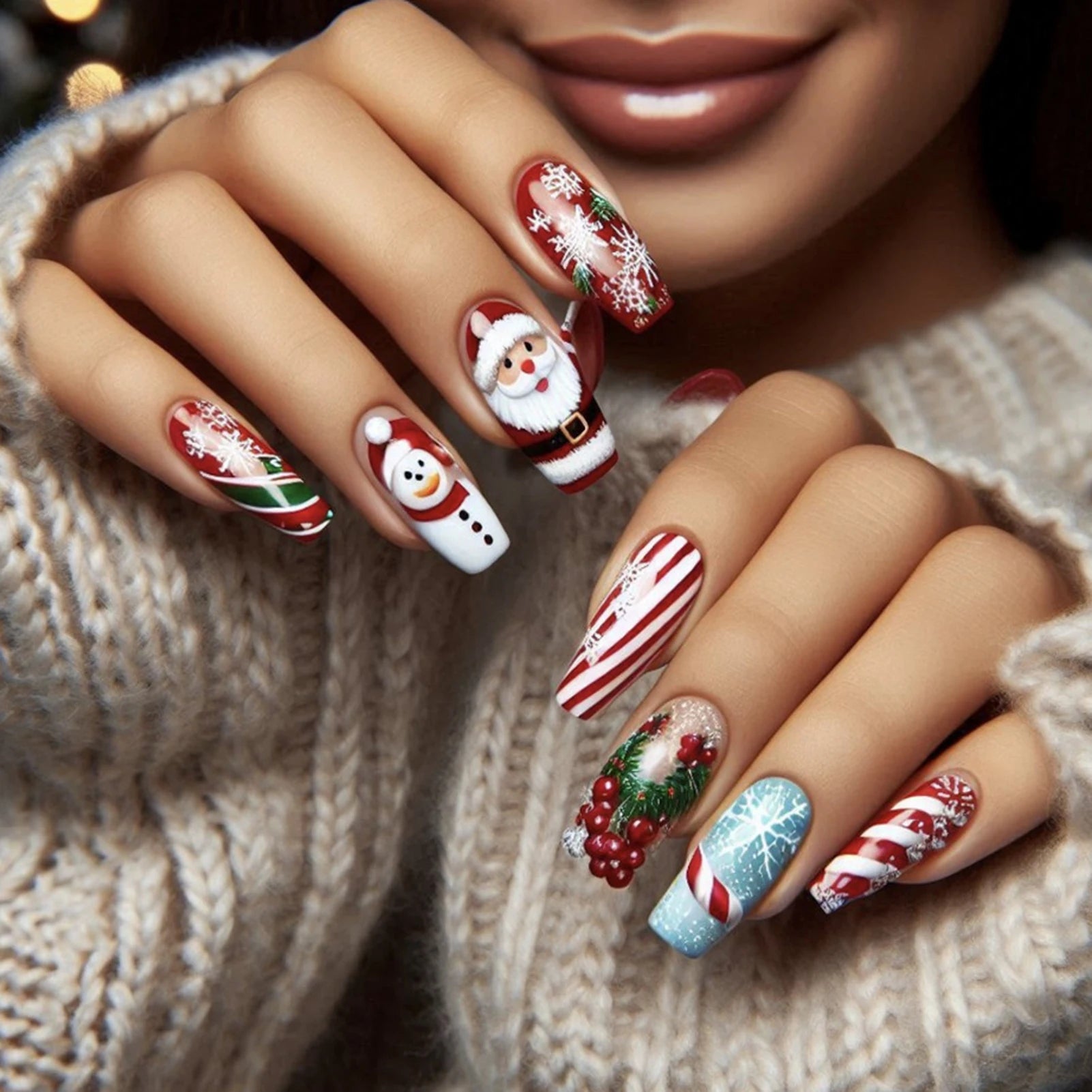 Long Coffin Fake Nails for Christmas Party 24Pcs Red Striped Printed Press On Nails with Santas/Snowman/Snowflake Designs As show