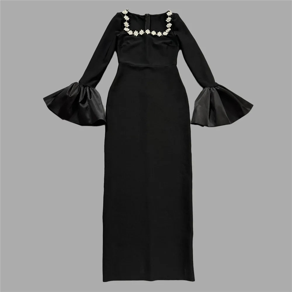 Women Long Sleeve Sexy Square Collar Shinning Crystal Bodycon Long Bandage Dress Celebrate Evening Party Outfit