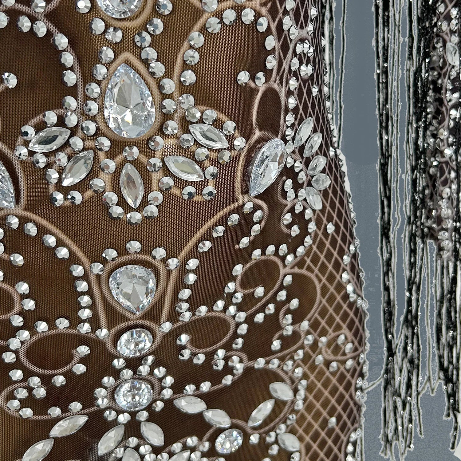 Women Shiny Chain Crystal Diamonds Dress Tassel Elastic Sexy Mini Night Club Performance Costume Birthday Party Dress Hualan