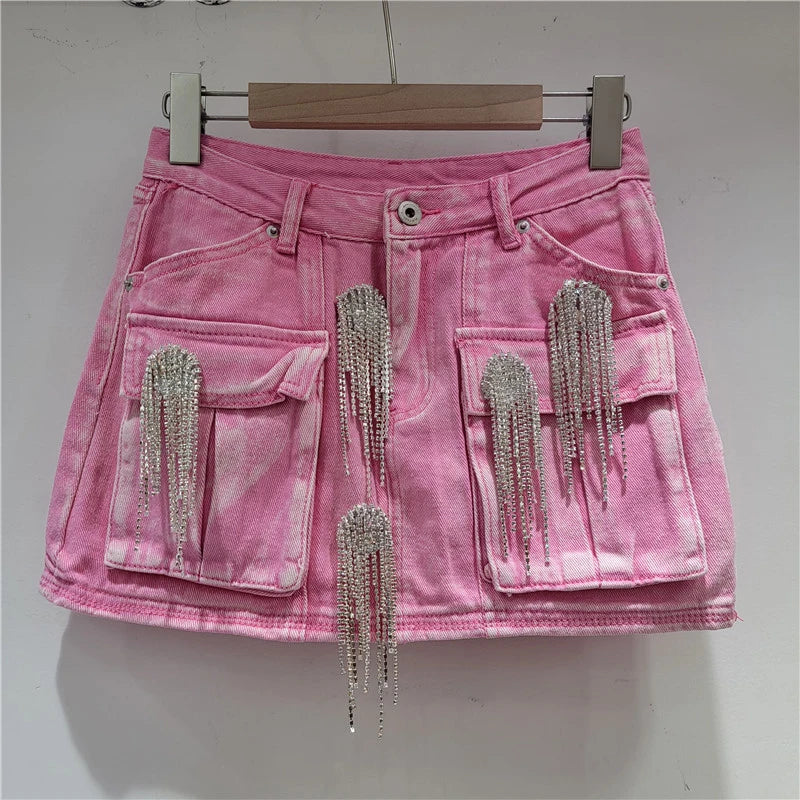 Autumn Winter New Fashion Heavy Industry Diamond High Waist Short Denim Coat For Women A-line Mini Skirts 11A07619 only Skirt