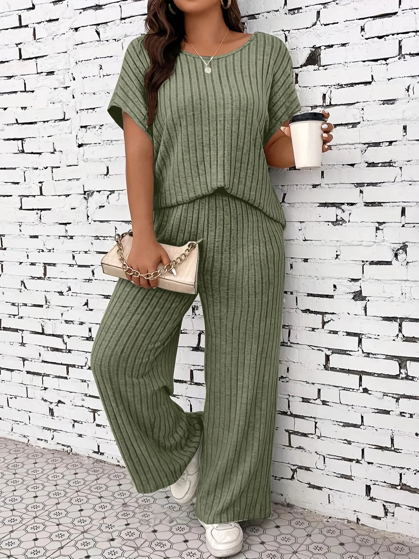 Plus Size Women’s Summer Autumn Casual Set Women Fashion Solid Color Short Sleeve Top Matching Trousers Comfortable Outfit green