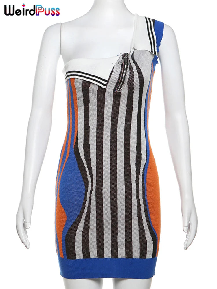 Weird Puss Irregular Dress Women Zipper One Shoulder Stripe Sleeveless Stretch Summer Chic Polo Neck Trend Street Mini Bodycon