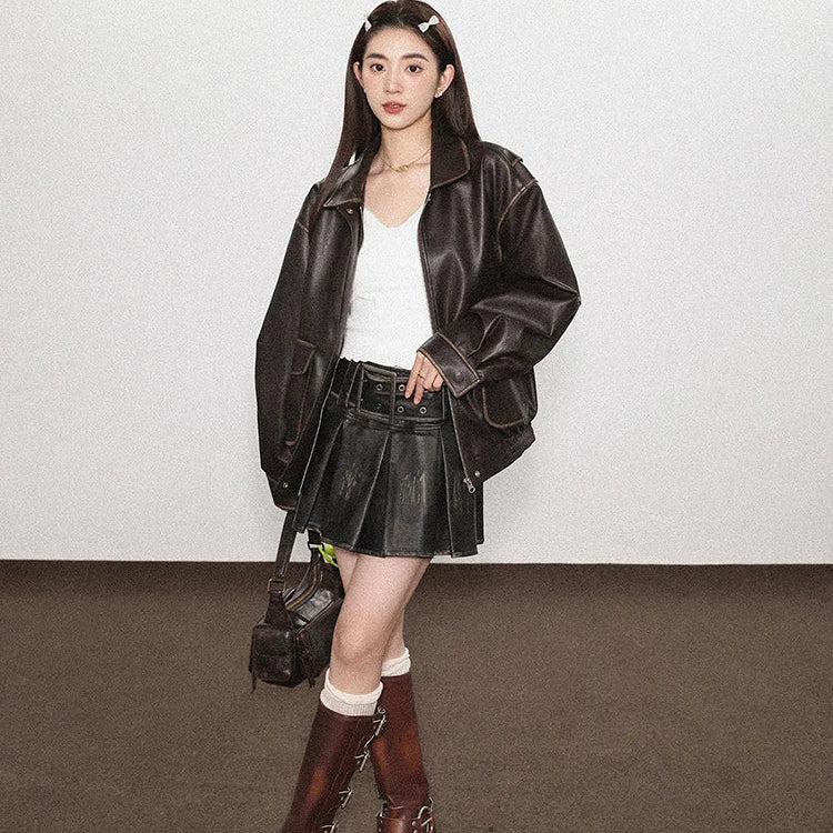 Spring Summer Cool Black Distressed Pleated Faux Leather Mini Skirt Women Belt Short Pu Leather Skirts for Woman 2024